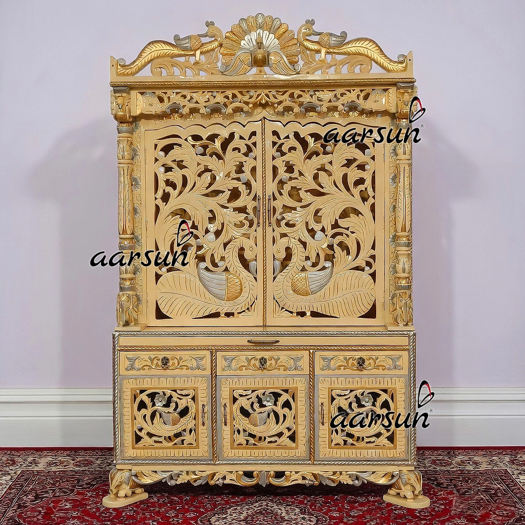 Fully Hand carved Temple with Peacock Carving