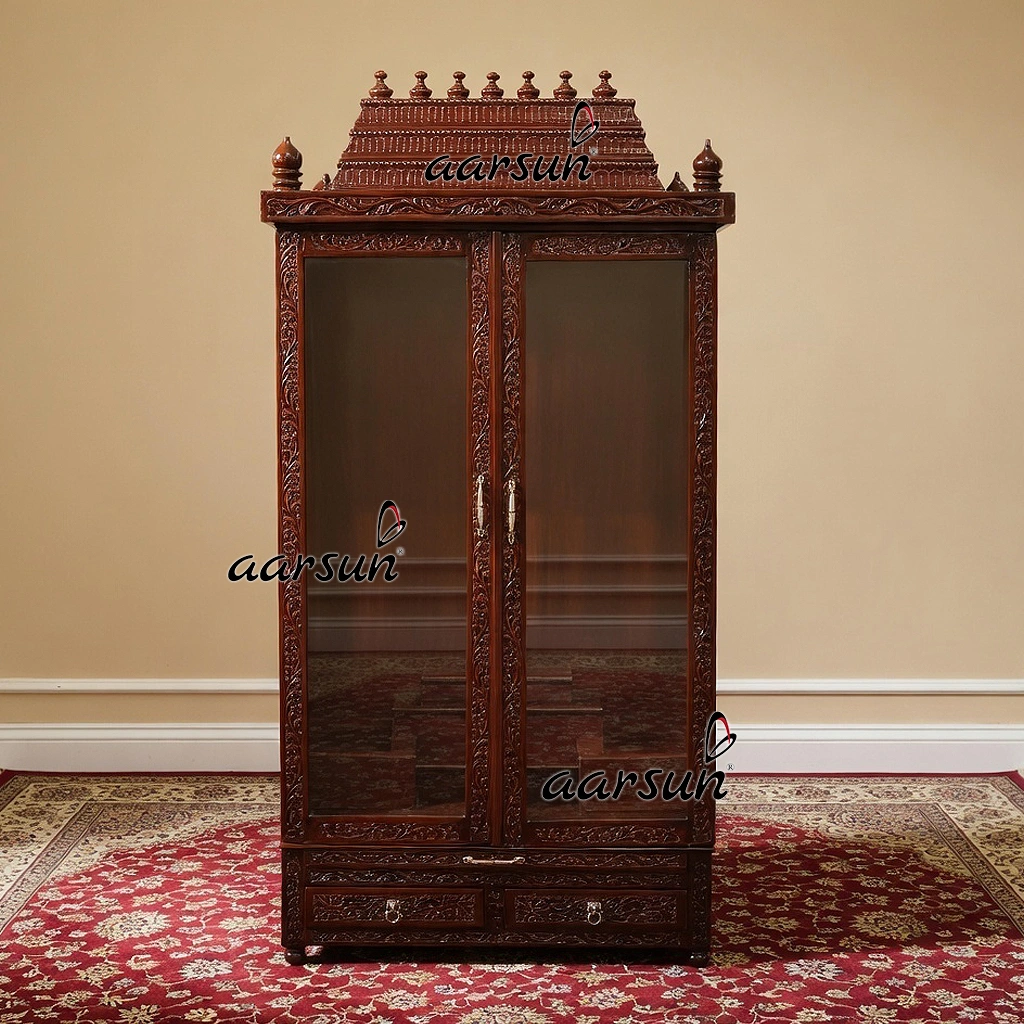 Carved Pooja Mandir with Cabinets and Glass Doors