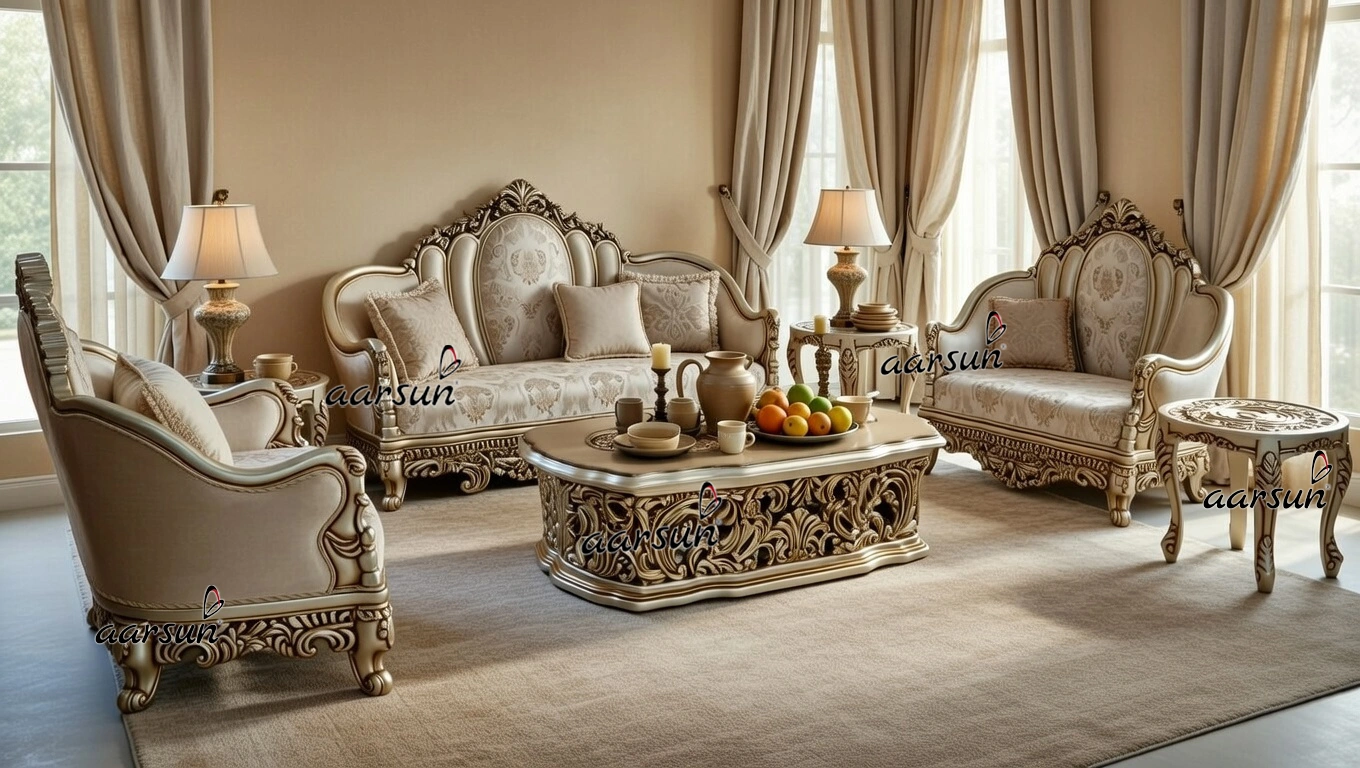 Exclusive Hand-Carved Full Sofa Set - Sofa Crown Peacock Design, Chester Sofa
