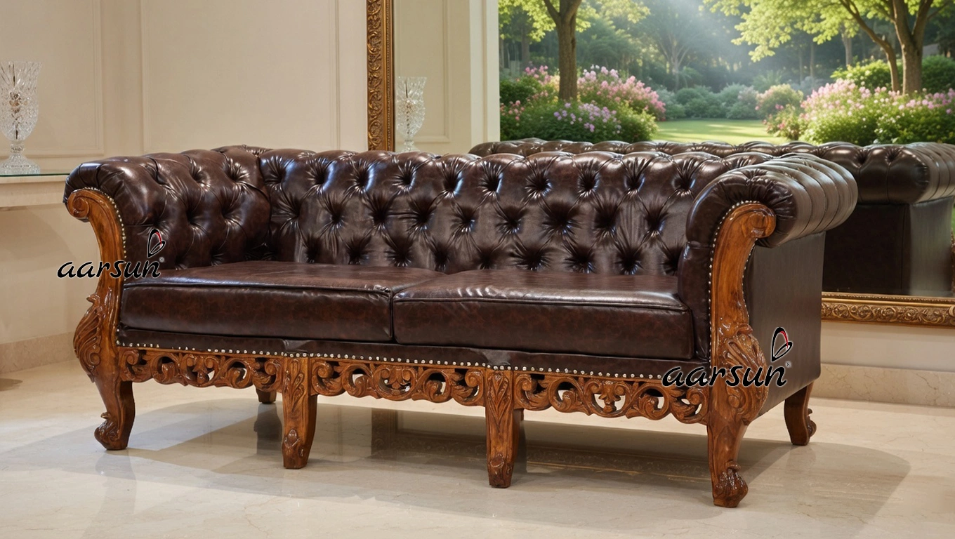 chester design leather sofa in teak wood factory price
