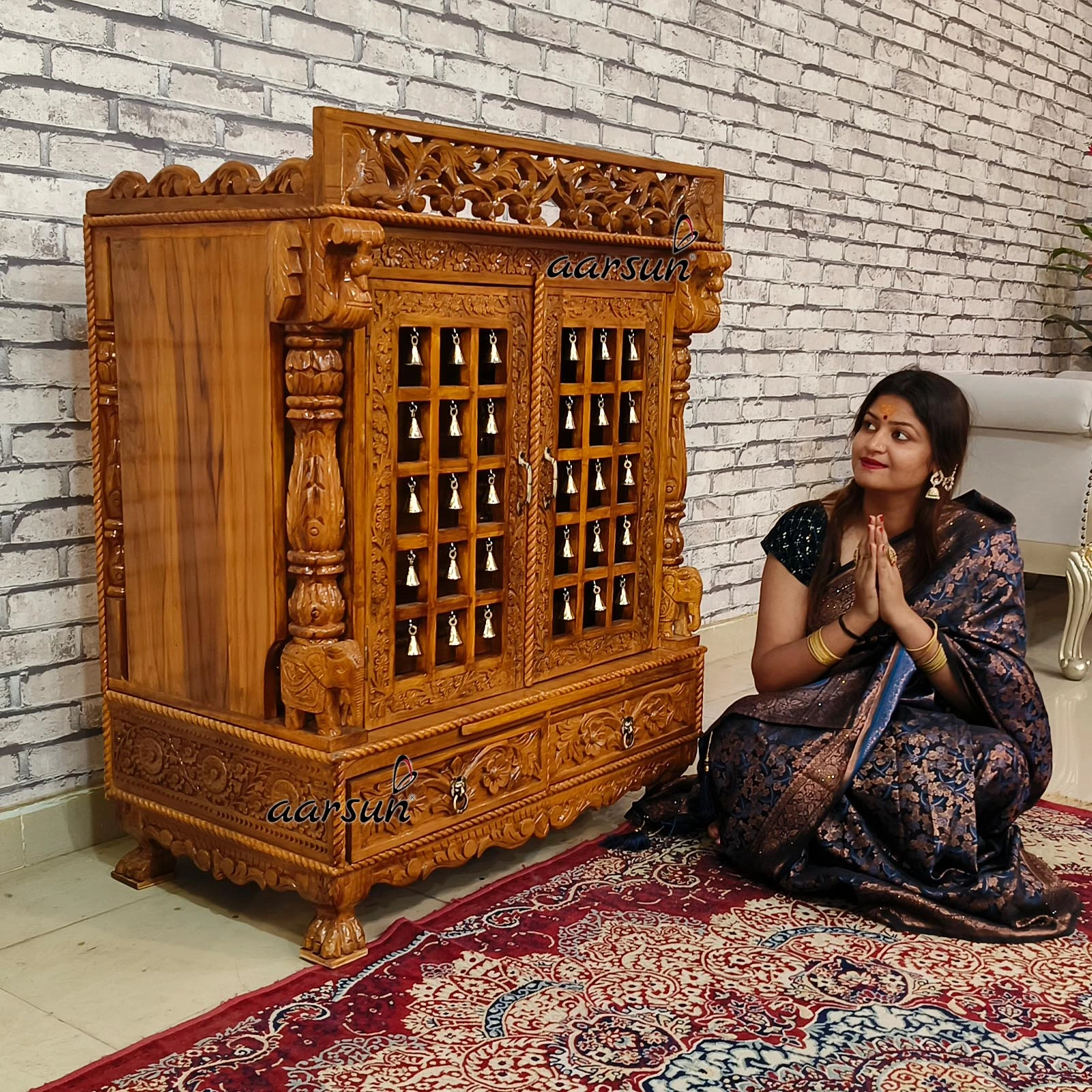 Classic Teakwood Temple with brass bells - Aarsun