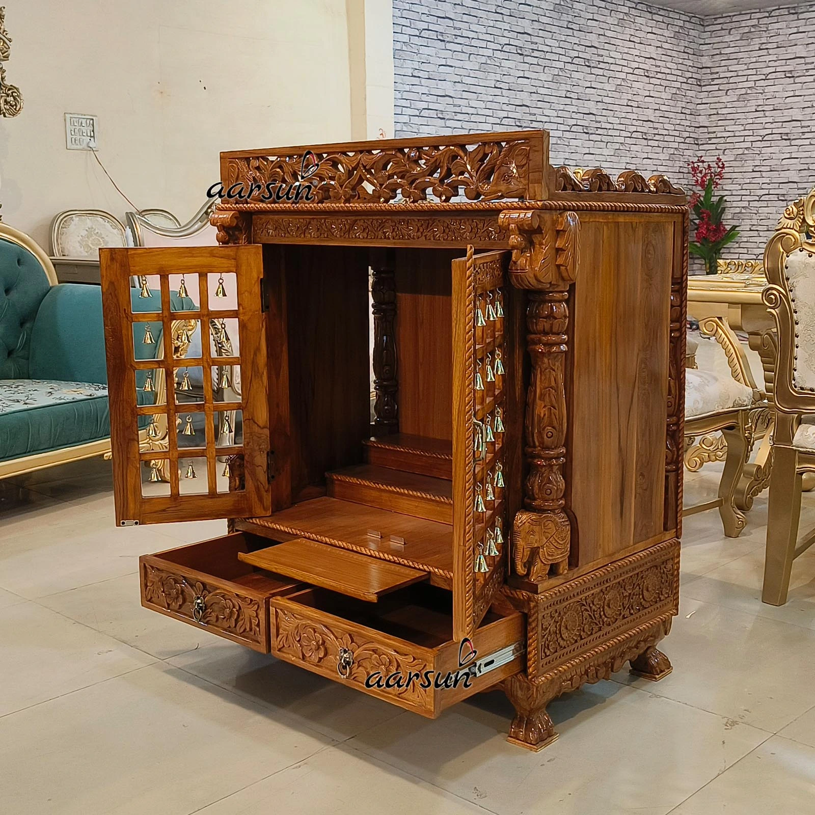 Classic Teakwood Temple with brass bells - Aarsun