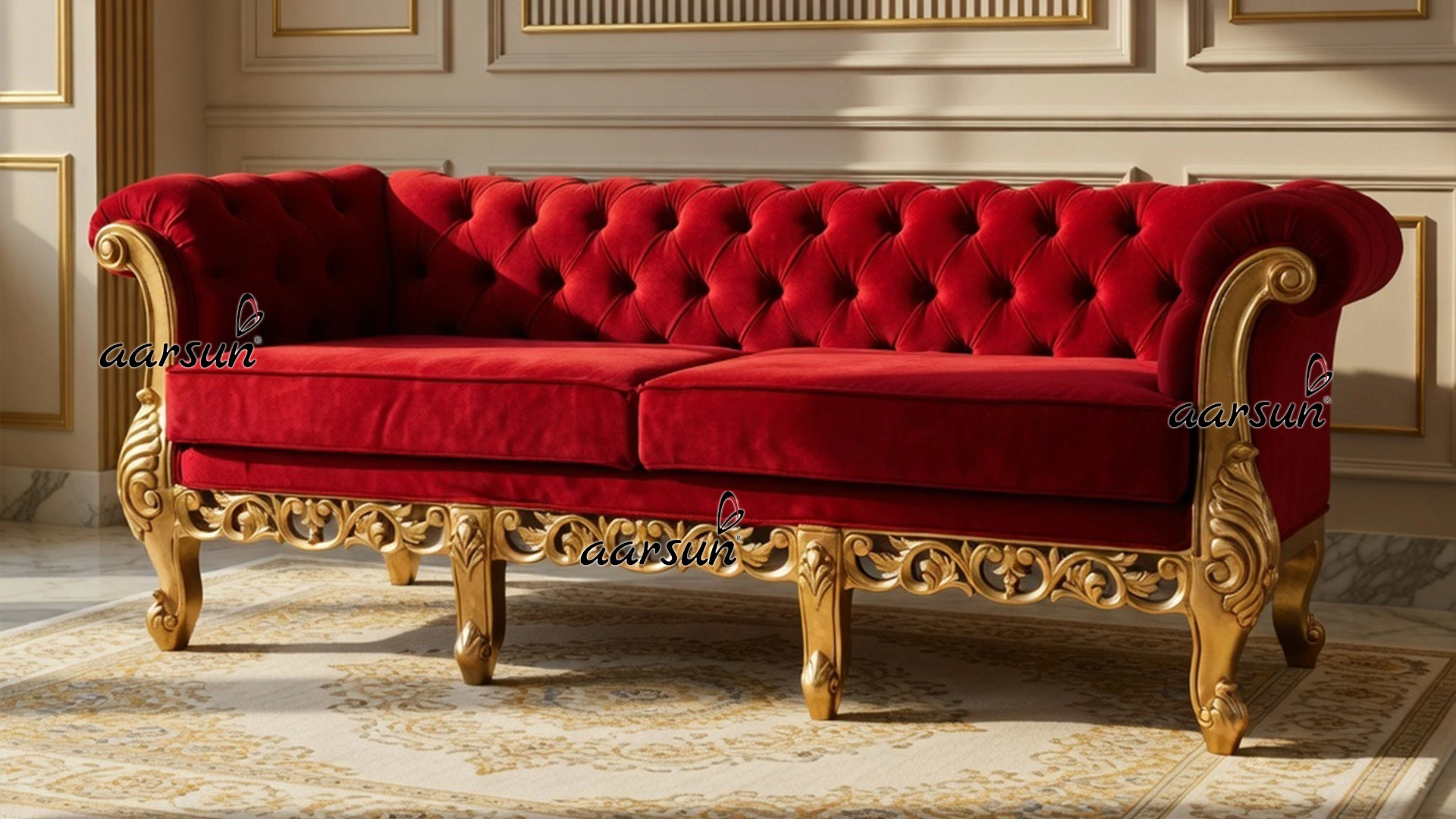 Royal Chesterfield Sofa Set Design in Red and Gold