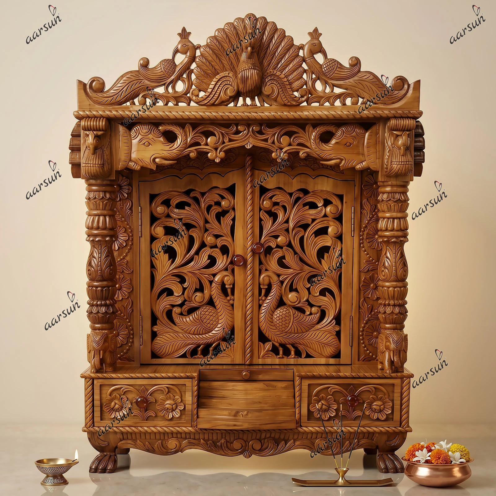 Peacock Design Door Temple  in Teak Wood UH-YT-194