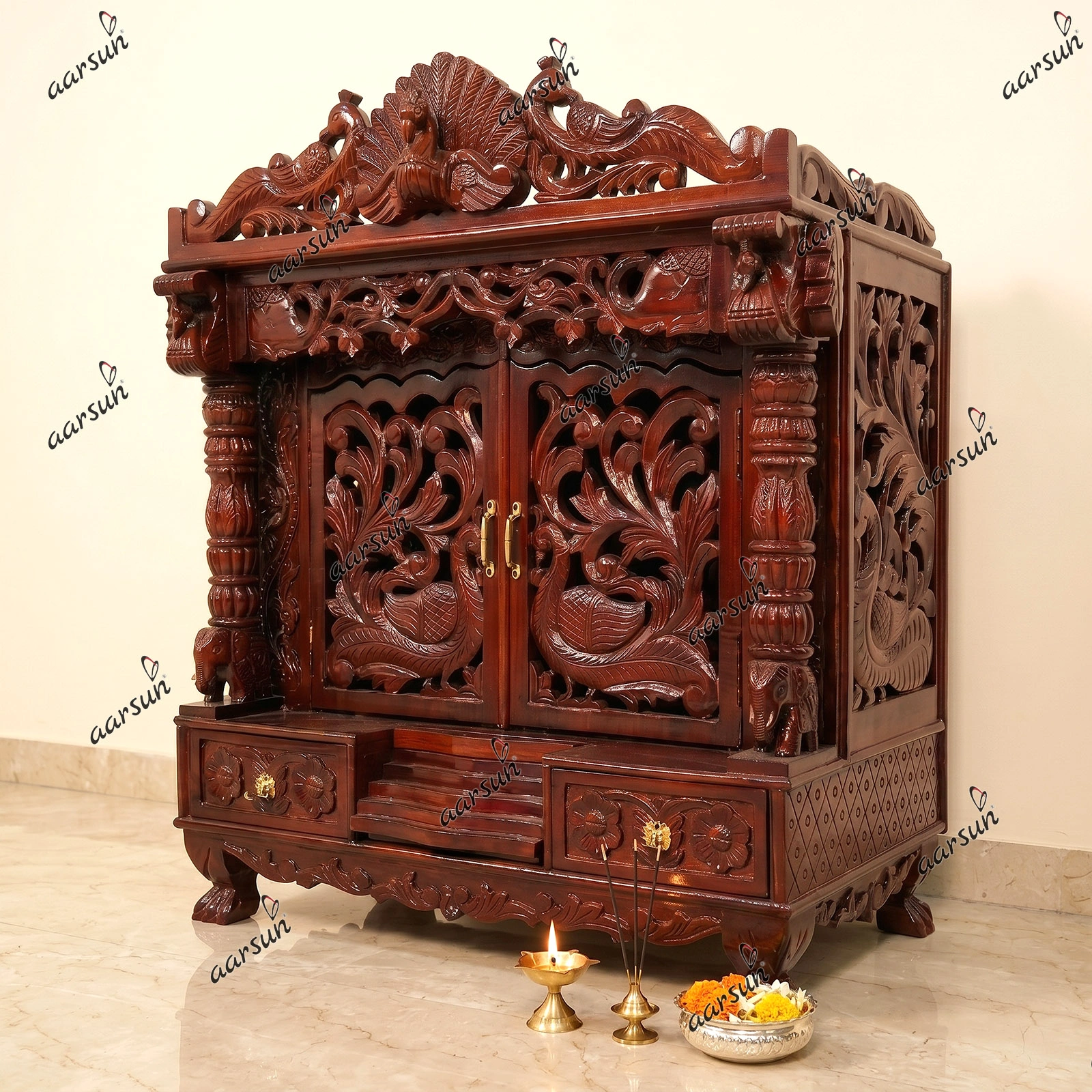 Wooden North Temple Design With Peacock Carving