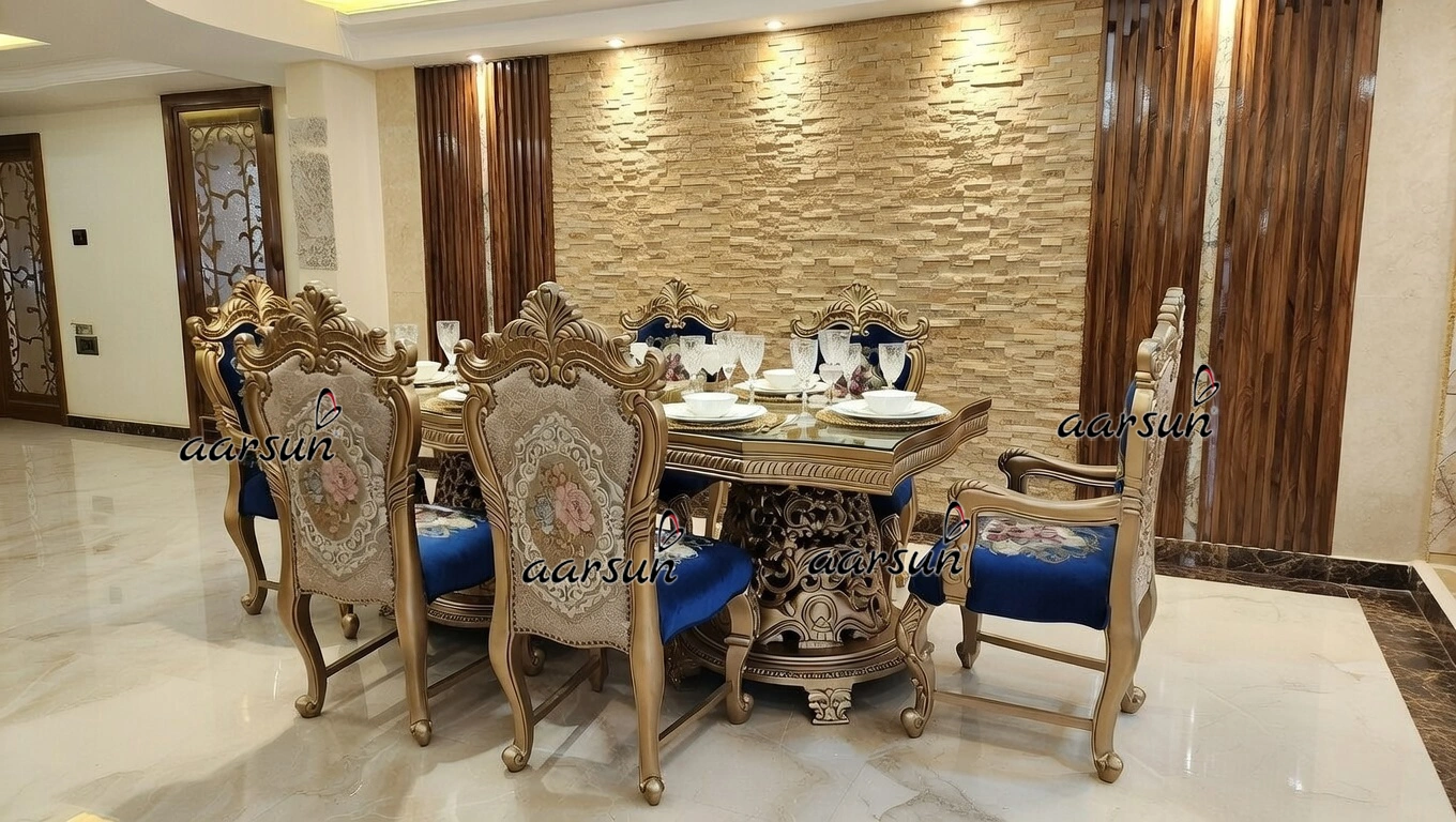 Double Carved 6 Seater Dining in Teak Wood