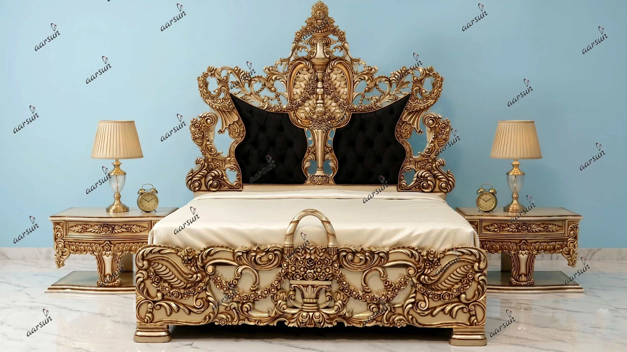 Wooden Heavy Carved Royal Bed Design With Side Table