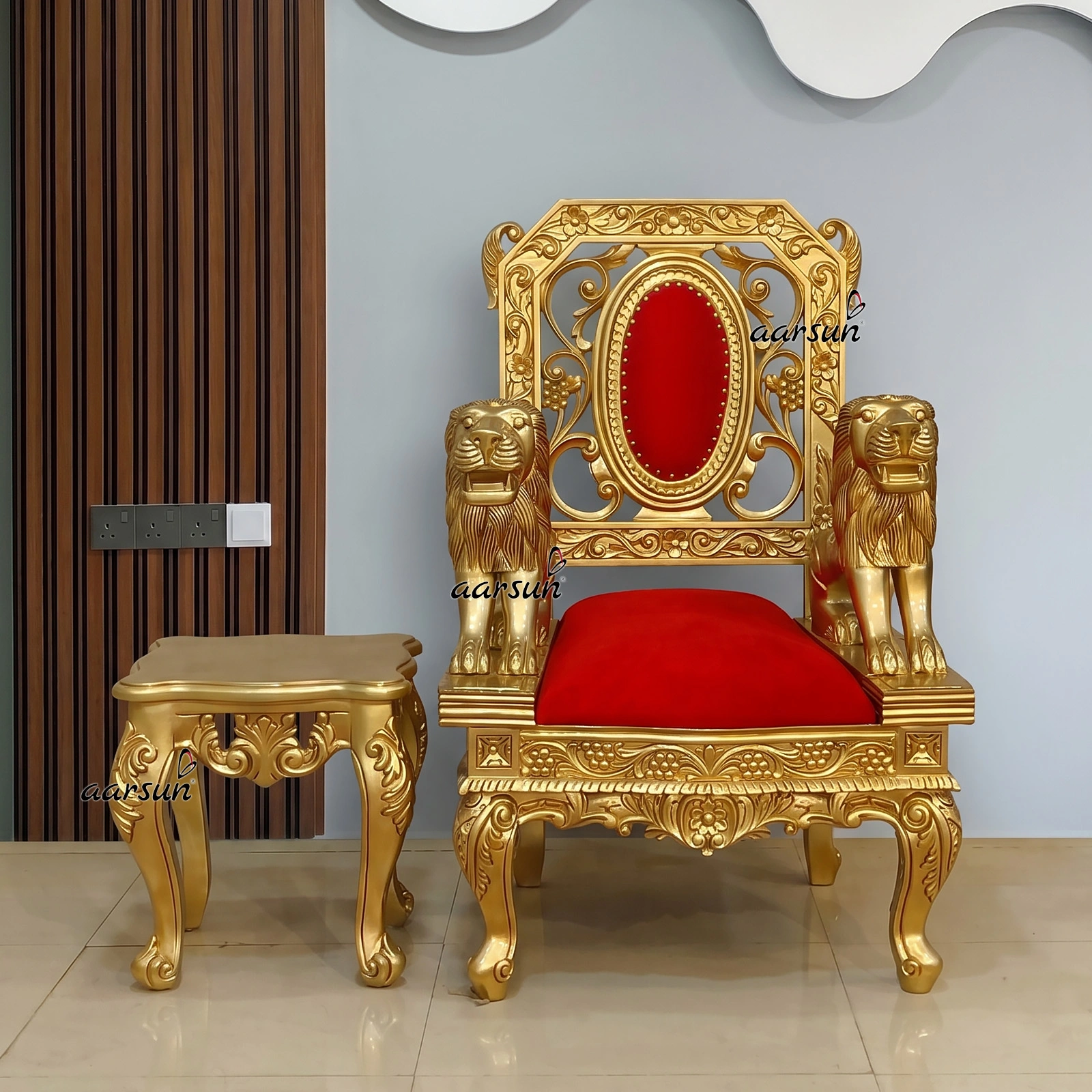 Wooden Singhasan Chair with Hand-Carved Lion