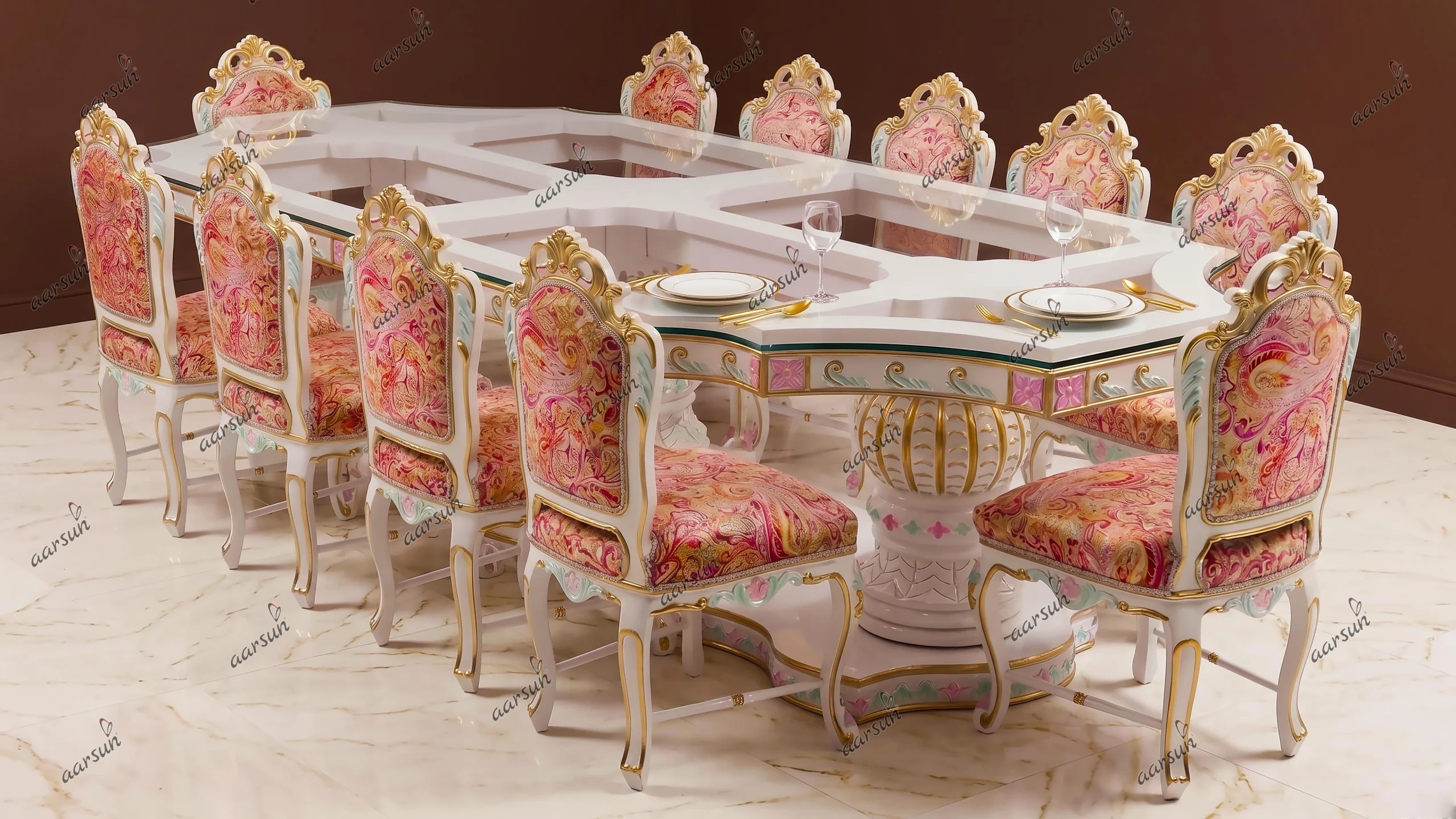 Royal Dining Set -White Polish with Golden Highlights