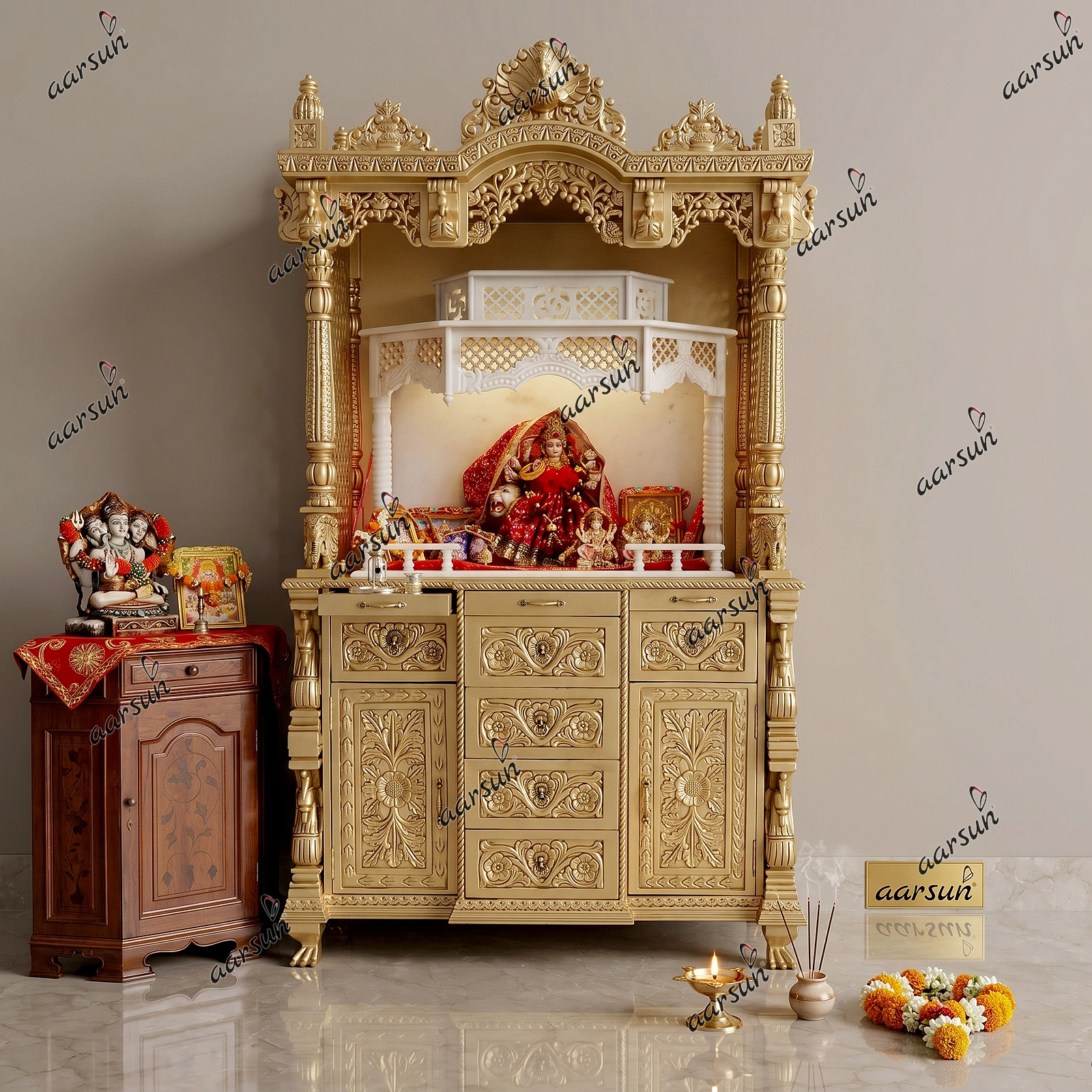 Luxurious Golden Wooden Mandir with Storage Cabinets