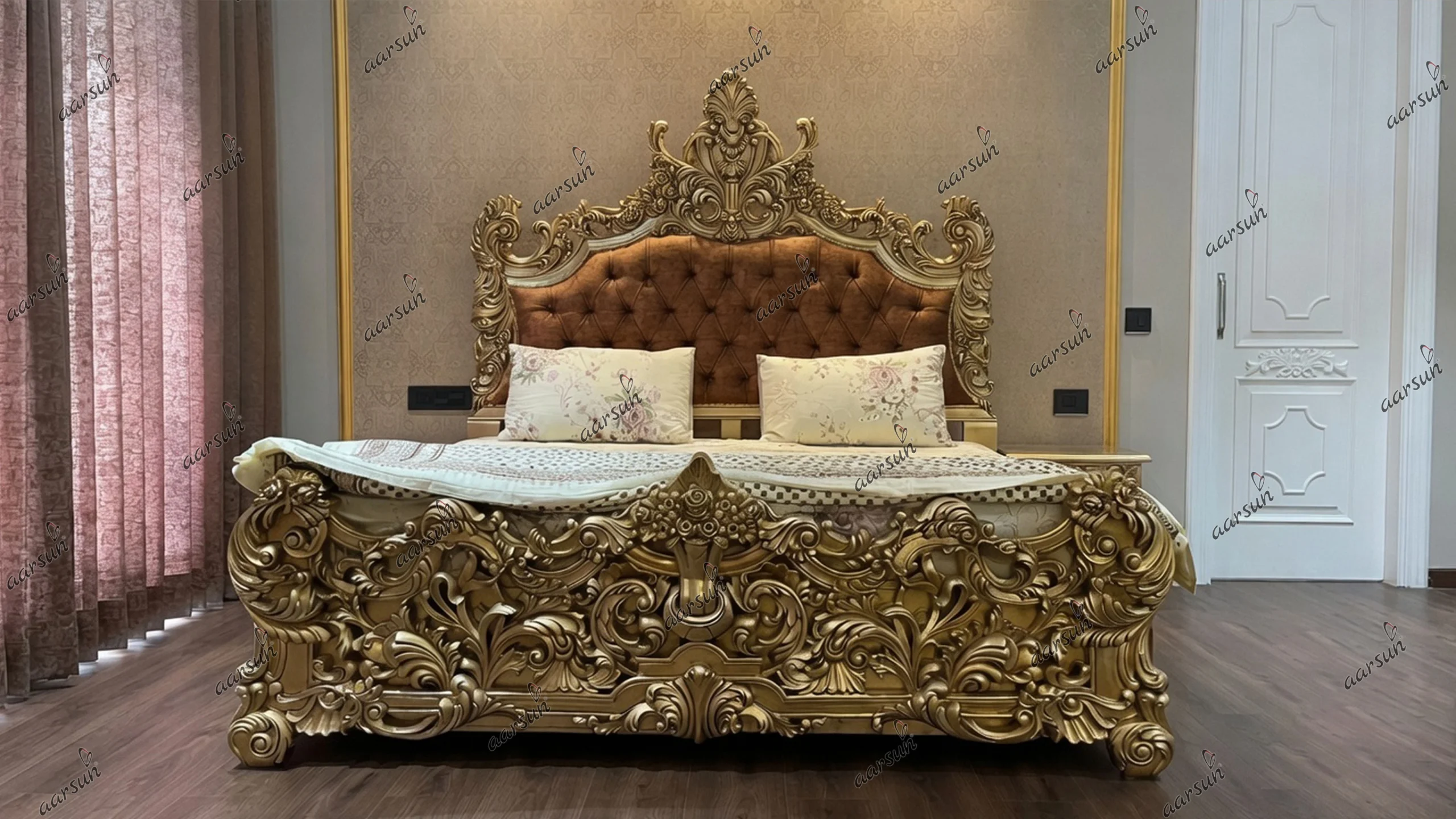 Luxury Antique Gold Carved King Size Bed Design