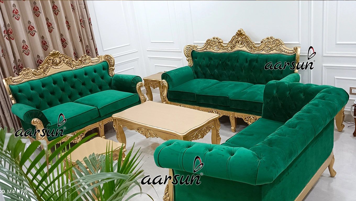 Modern Royal Wooden Sofa Set with Green Velvet and Gold Finish YT-775