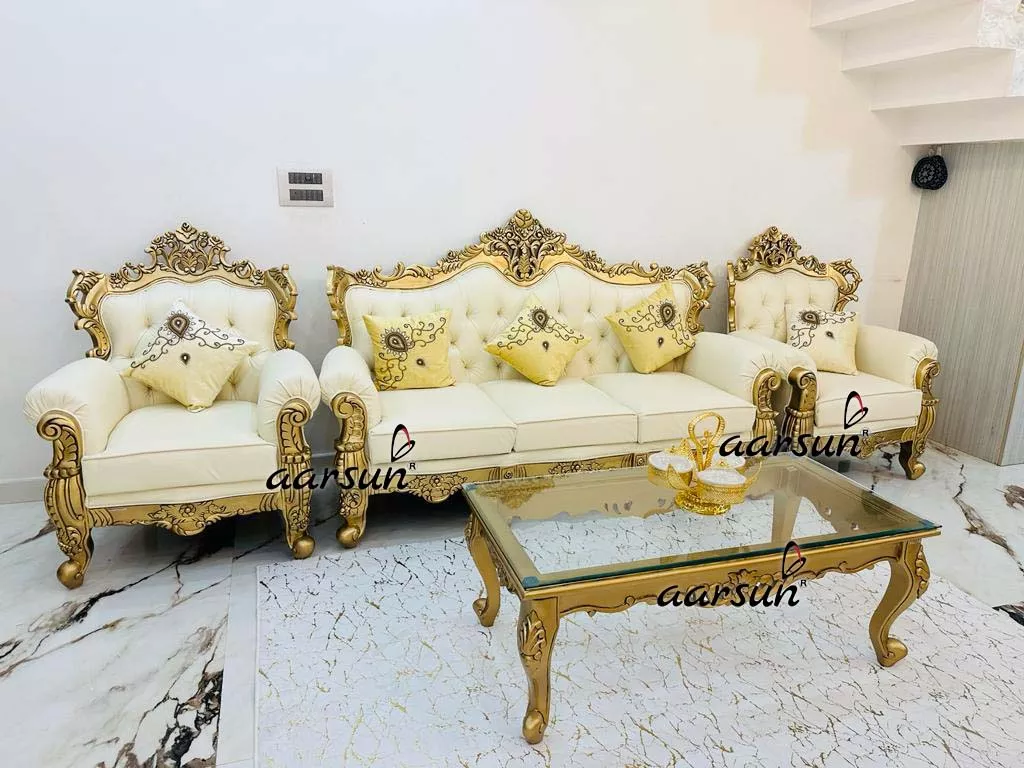 Traditional Handcrafted Wooden Sofa Set for Living Room
