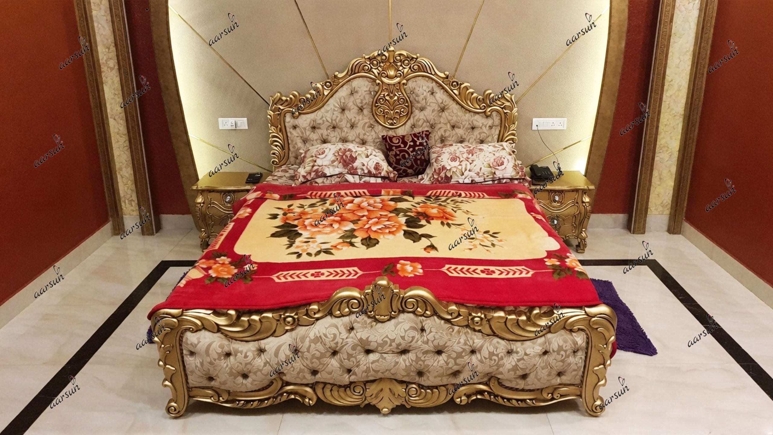 Wooden Bed with Designer Headboard