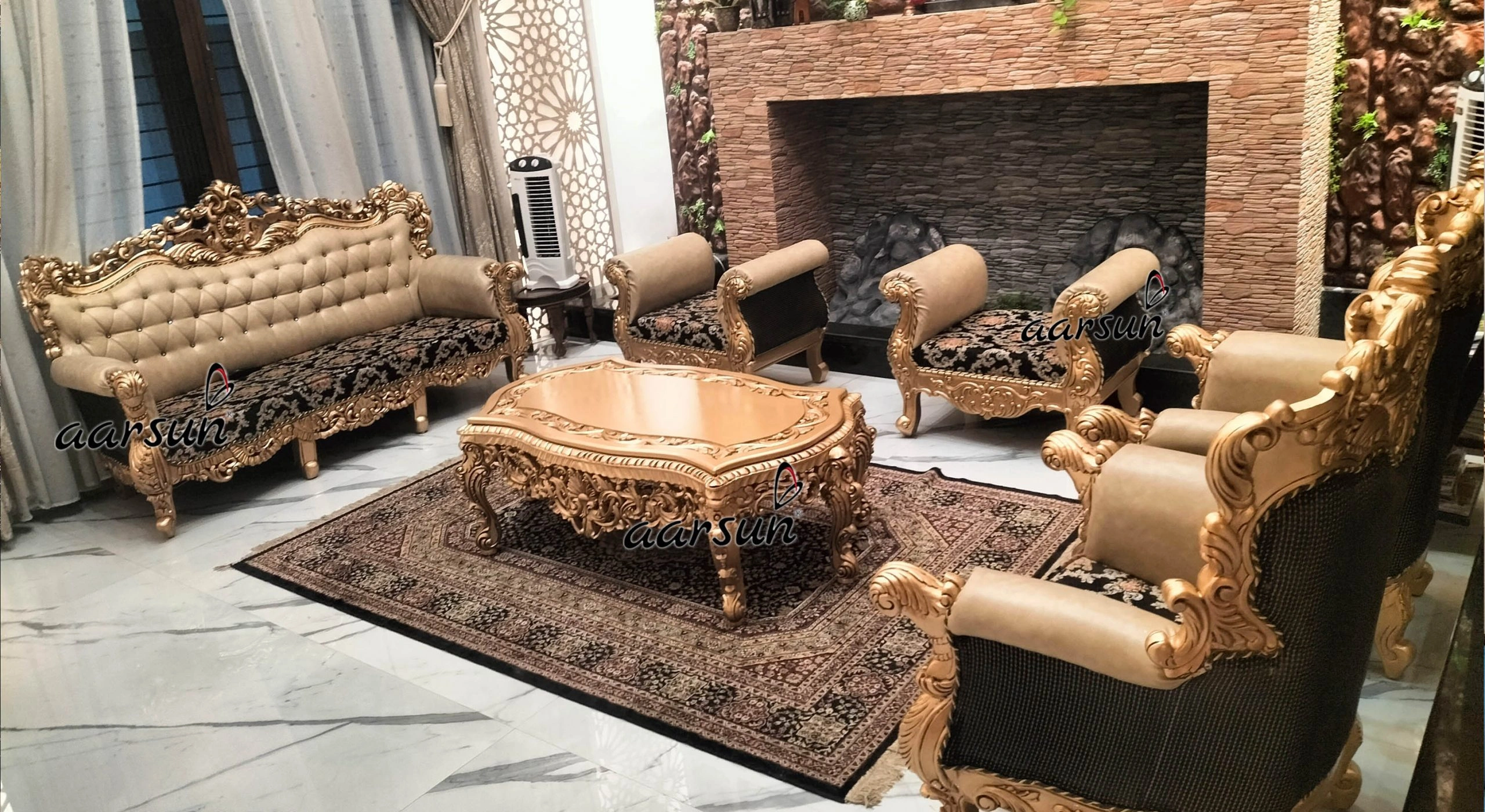 Premium Wooden Sofa Set with Ornate Carving for Living Room