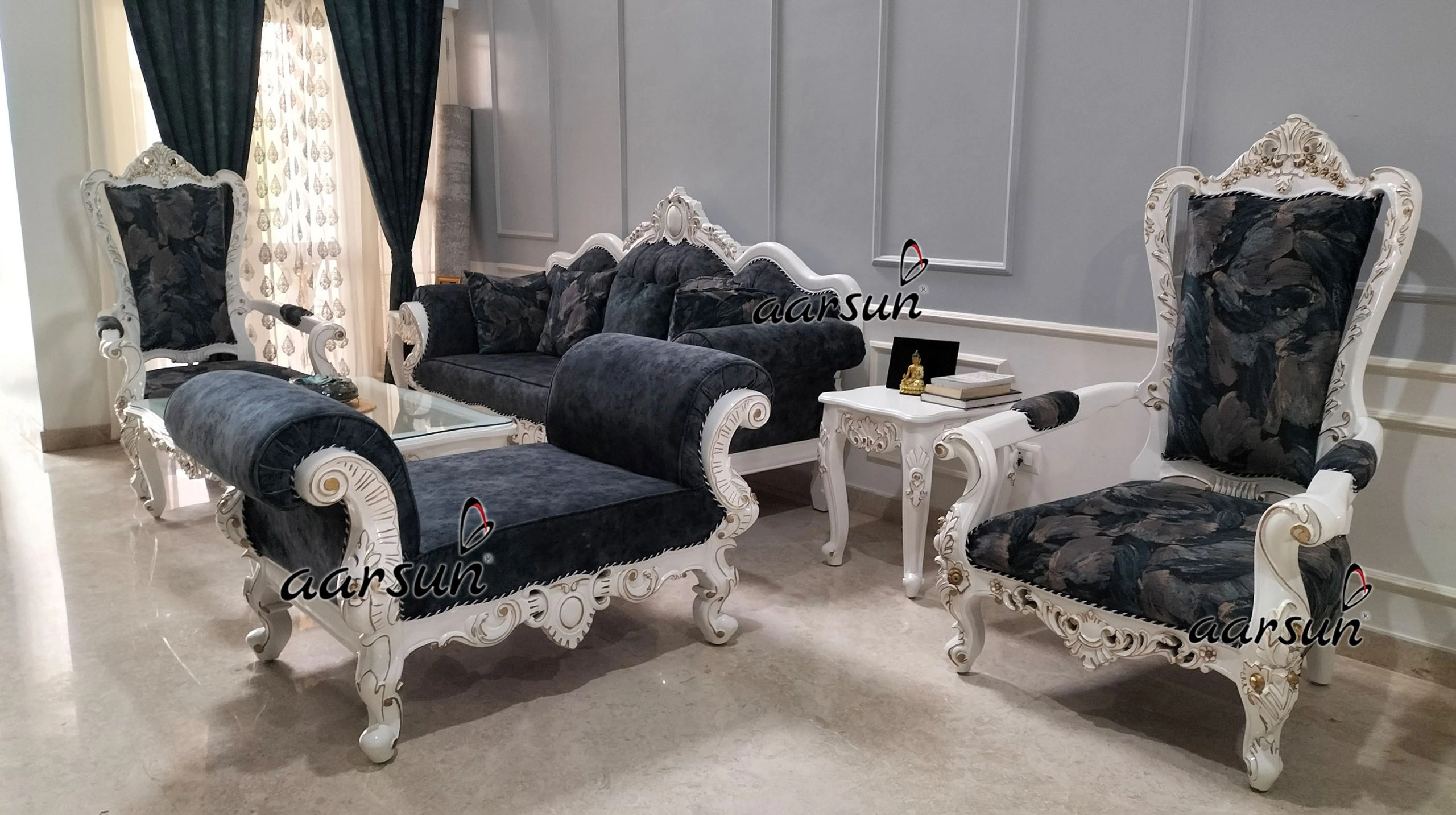 European Style Wooden Sofa Set in White Finish