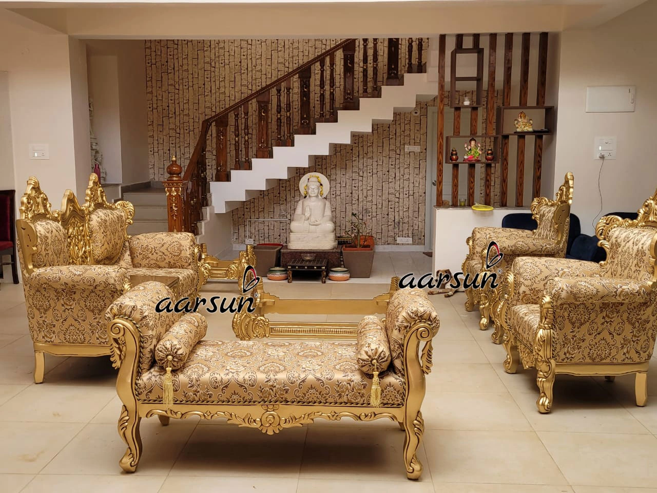 Majestic Wooden Sofa Set with Ornate Gold Finish