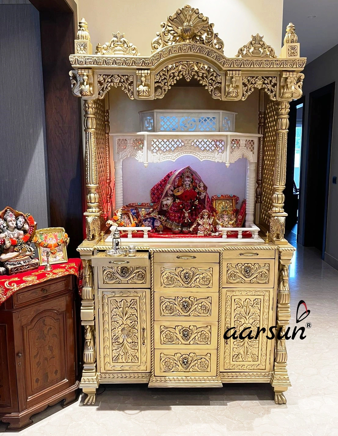 Luxurious Golden Wooden Mandir with Storage Cabinets