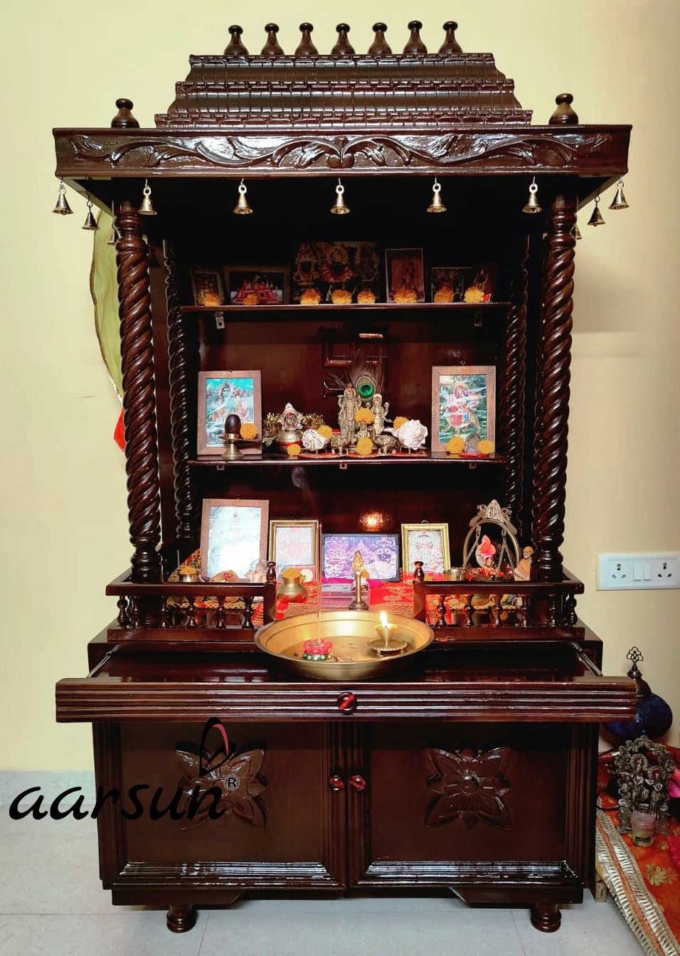 Majestic Wooden Temple for Home with Shelves and Storage