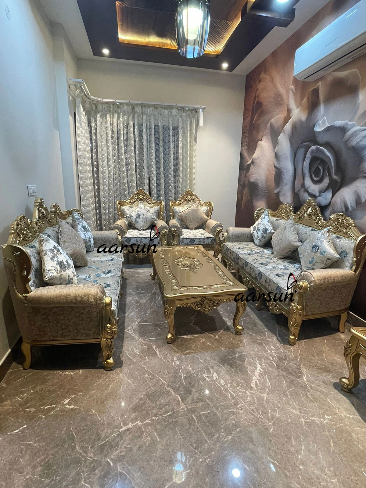 Traditional Wooden Sofa Set with Ornate Gold Carving