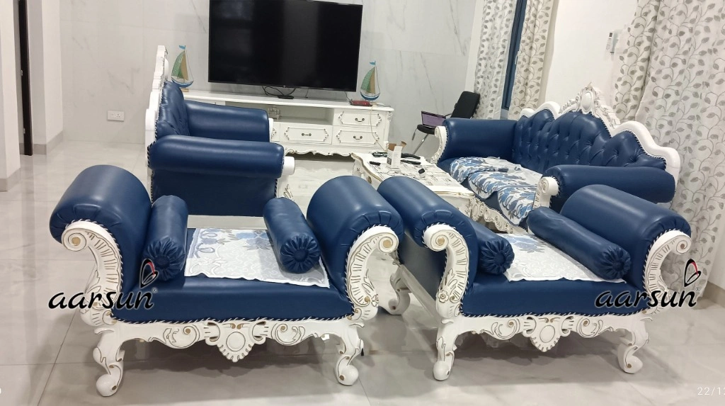 Modern Designer Wooden Sofa Set in Blue Upholstery & White Carving