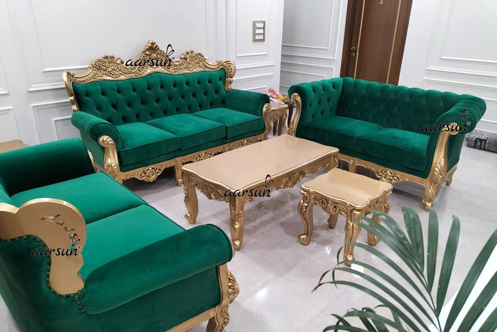 Modern Royal Wooden Sofa Set with Green Velvet and Gold Finish YT-775