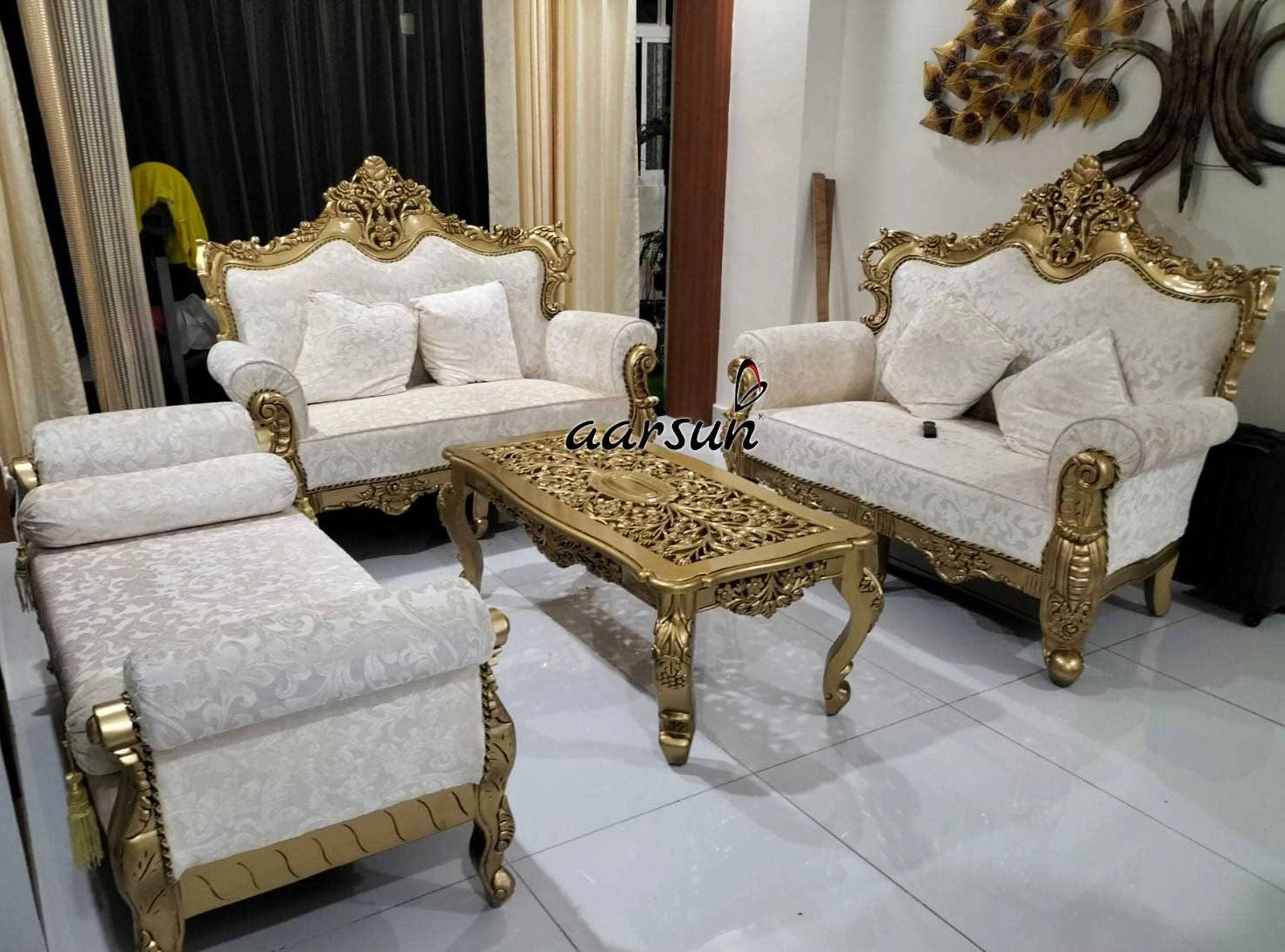 Elegant Gold Finish Sofa Set in Teak Wood