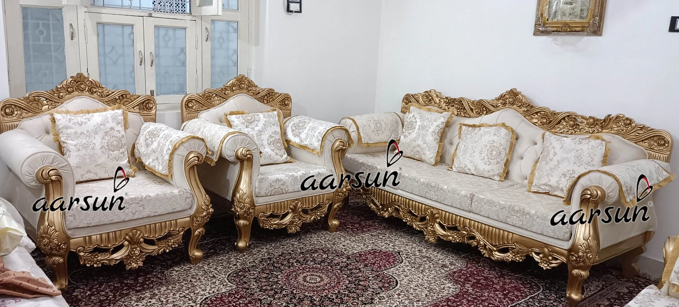 Beautiful Wooden Sofa Set with Royal White & Gold Finish