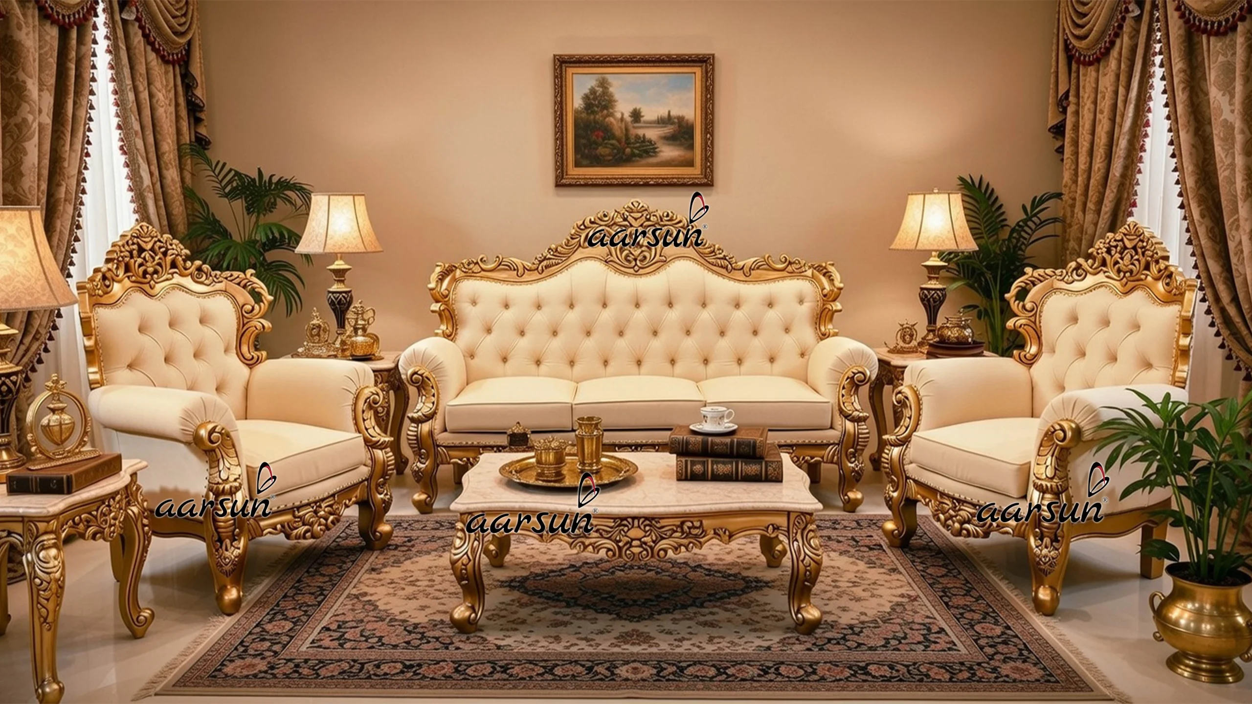 royal sofa set biege leather top design