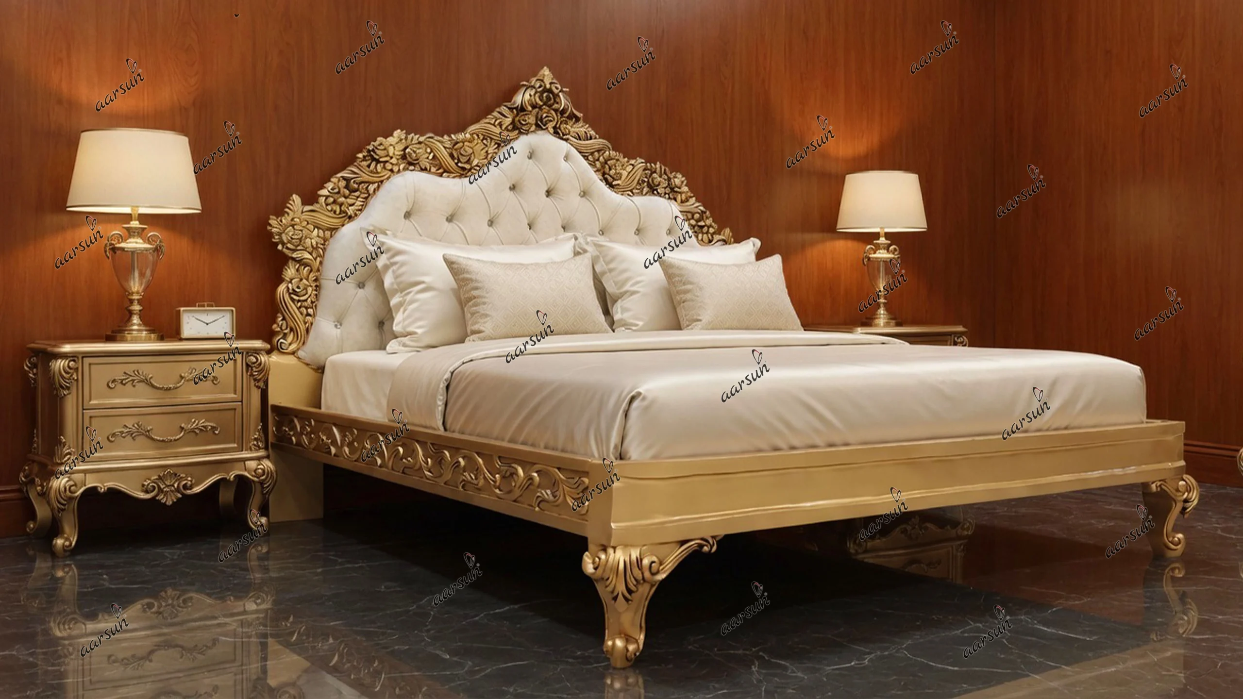 King Size Empire Bed Handcrafted Teak Wood With Side Table