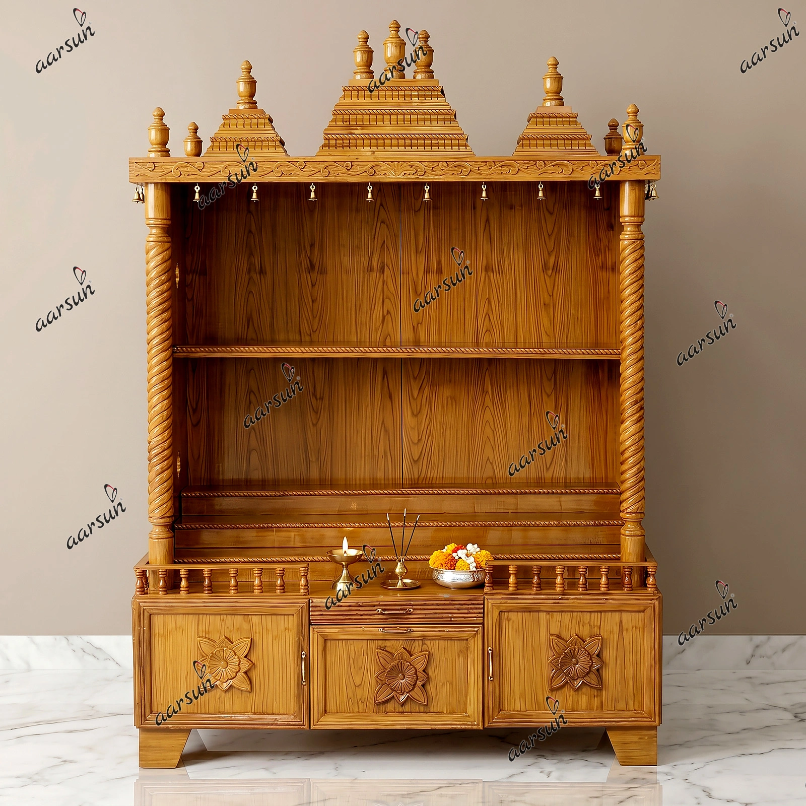 Classic Solid Teakwood Temple with Elegant Hand-Carved Detailing