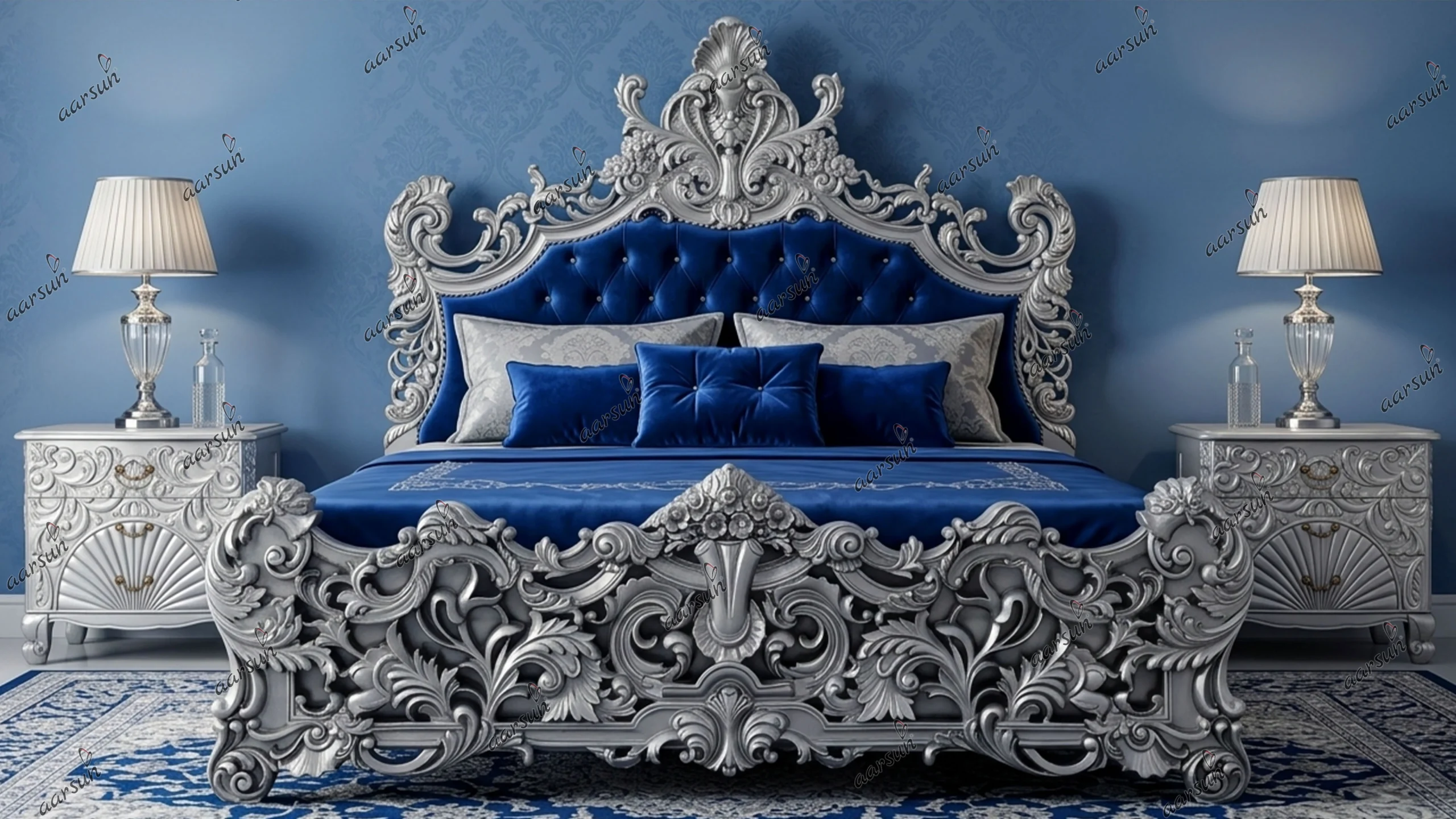 Silver Bed Design with Two Night Stand Table