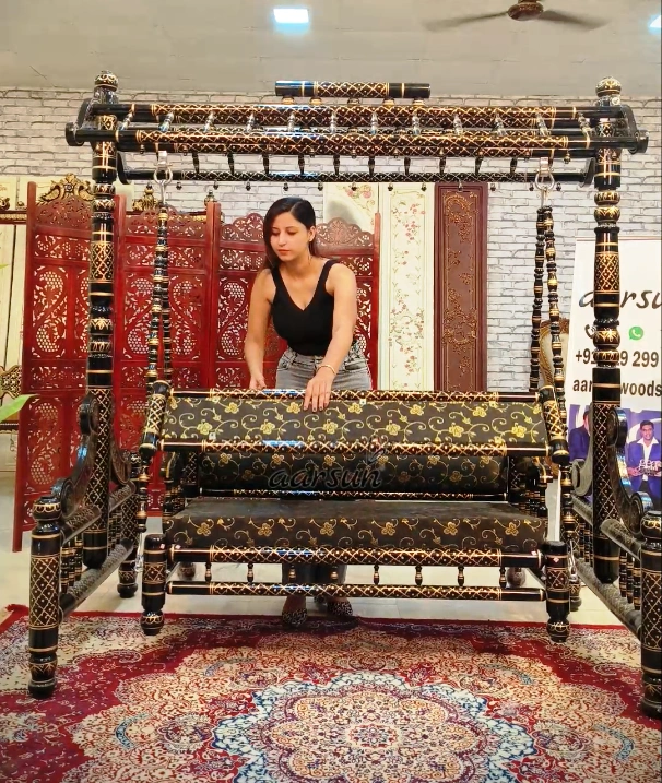 Royal Black & Gold Wooden Sankheda Jhula - Image 3