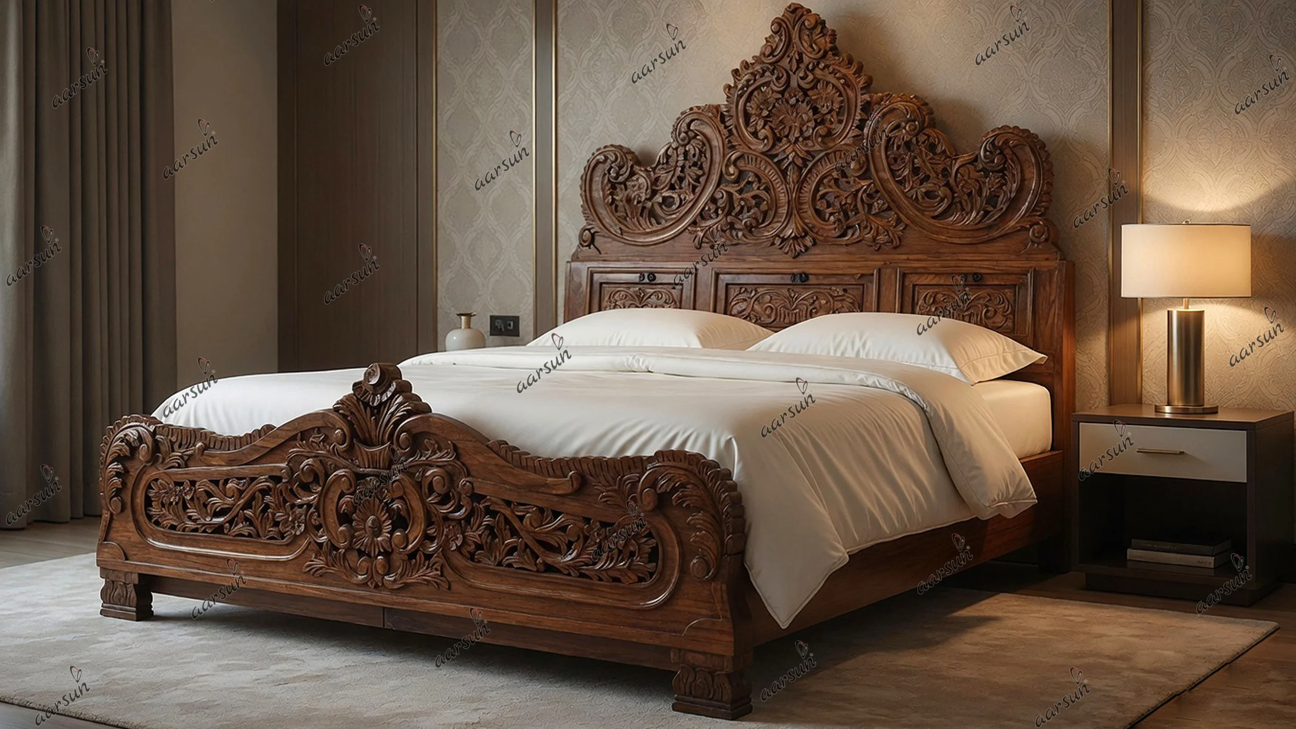 Carved Wooden Bed Natural Finish