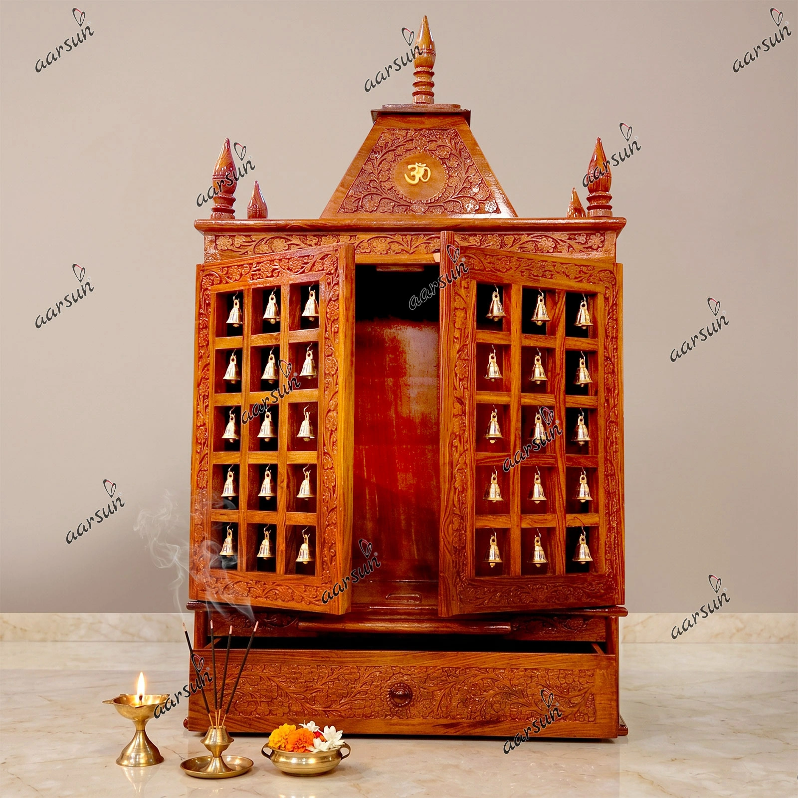 Wooden Door Mandir with Bells
