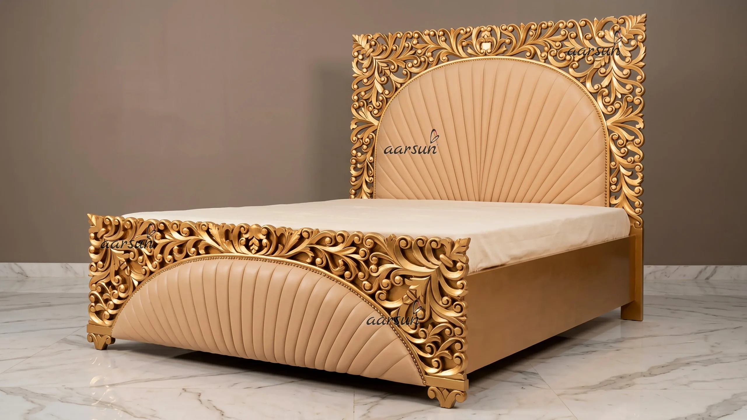 Gold Finish Royal Bed with Leatherette
