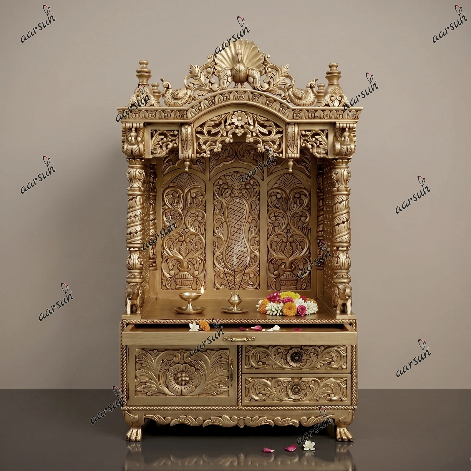 Exemplary Carved Mandir in Gold Finish YT-592B-A