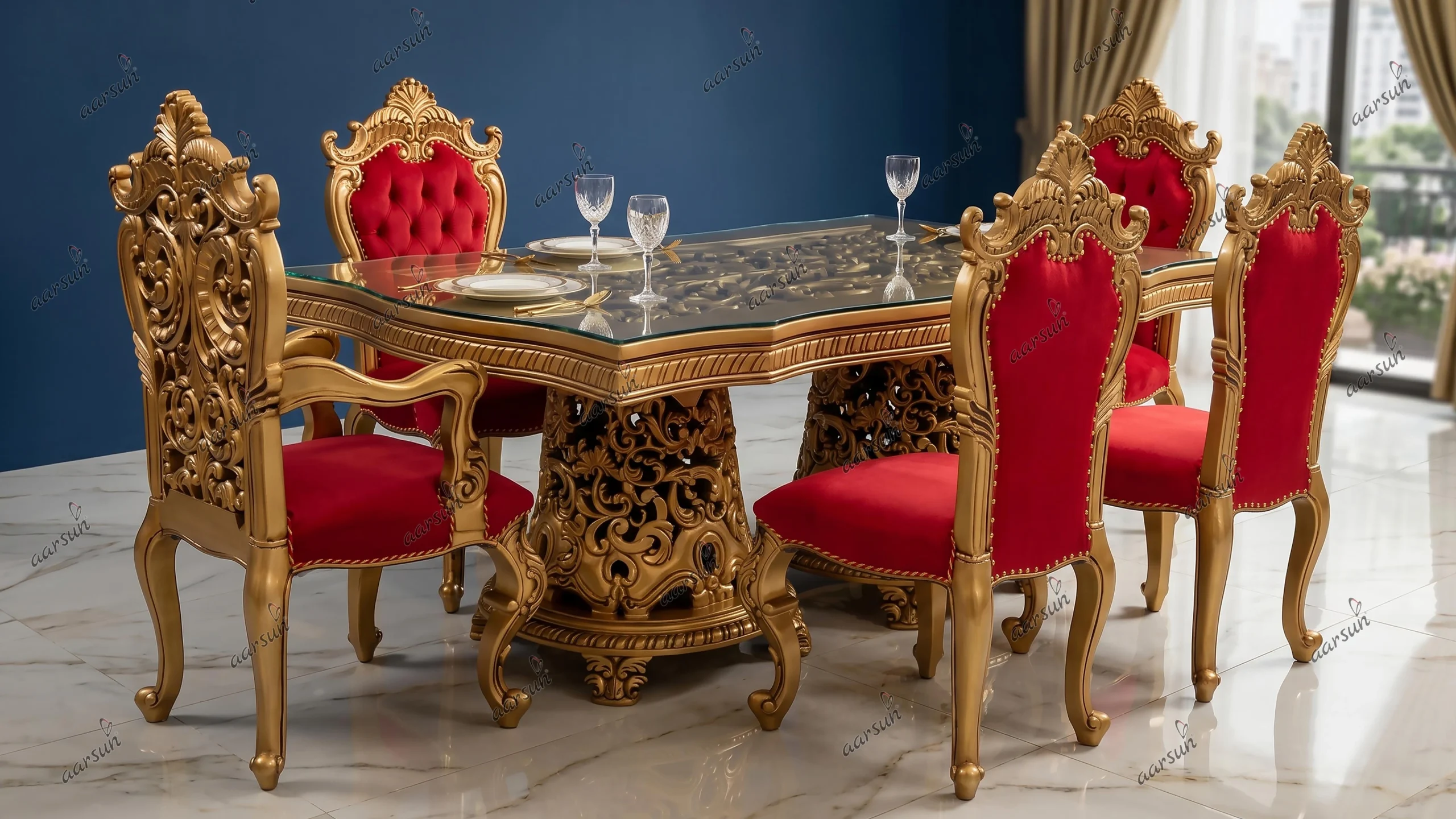 6 Seater Dining Set in Gold Paint & Pink Fabric