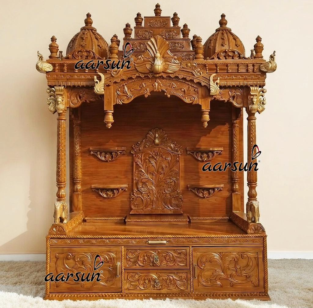 Big North Temple Design (Shikhar With Dome), made in premium solid teak wood, natural finish with PU and gold , 02 cabinets, 02 drawers, full bhog tray
