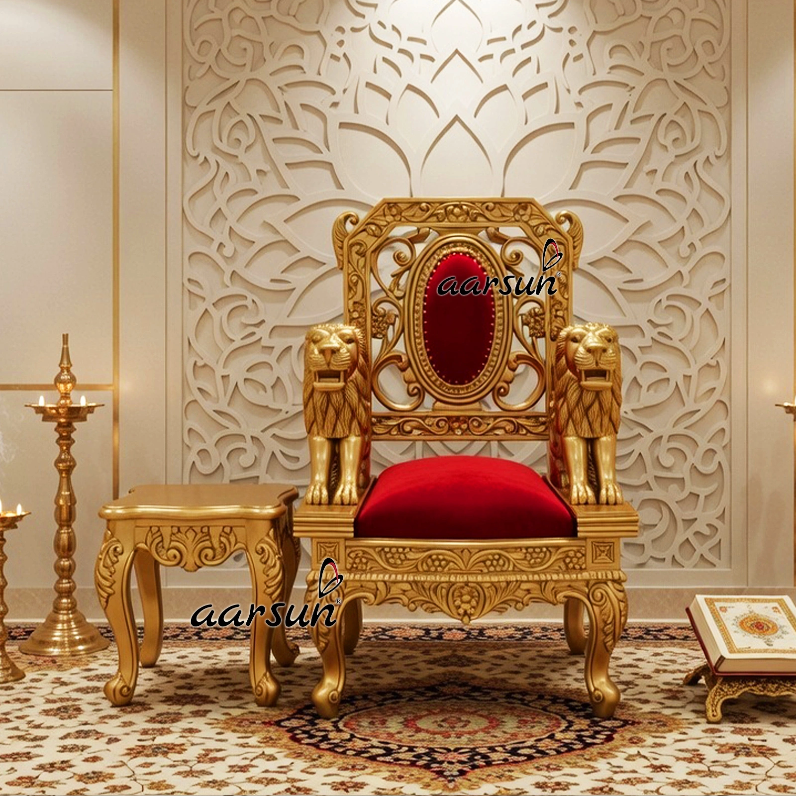 Wooden Singhasan Chair with Hand-Carved Lion