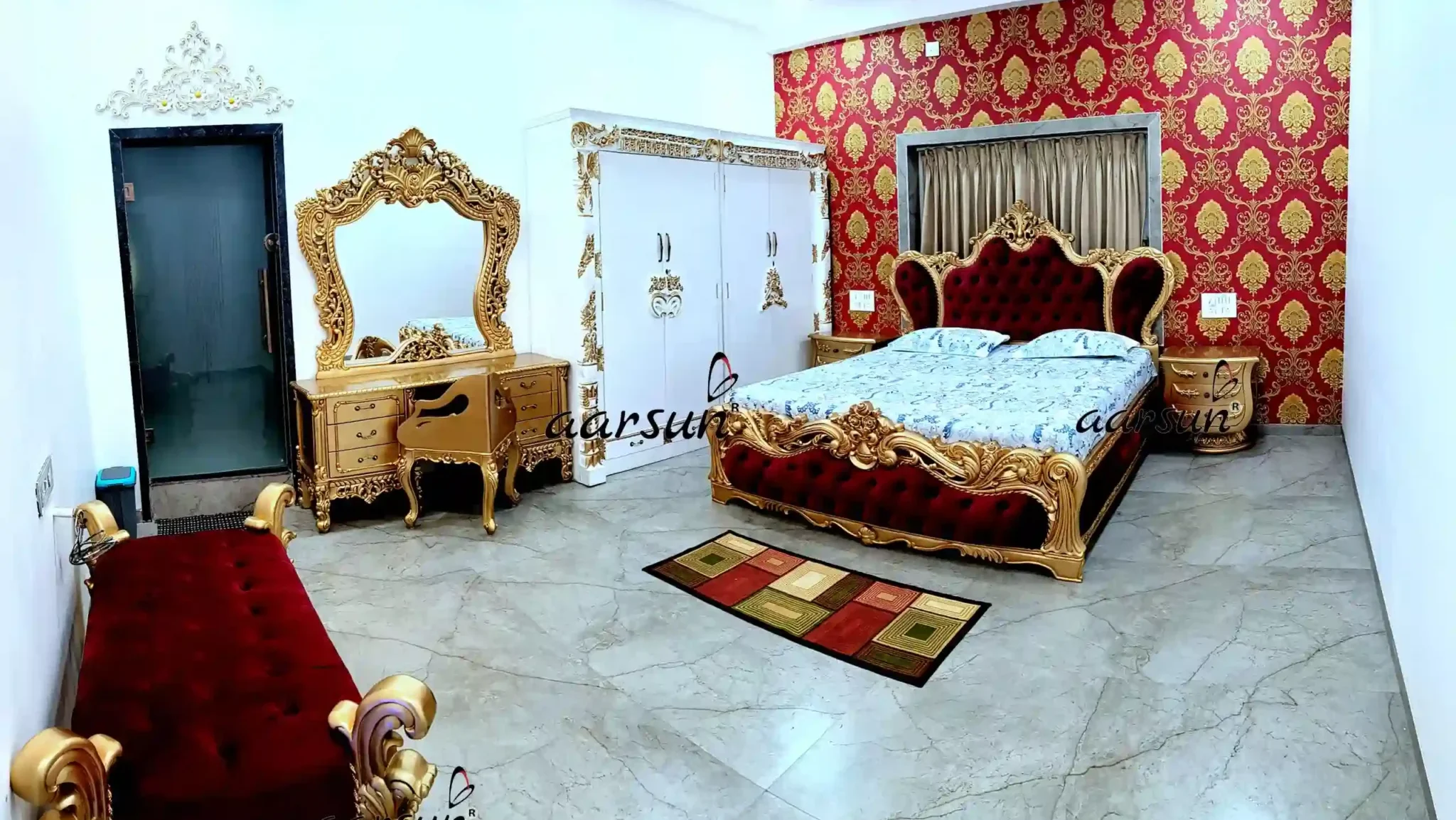 Handcrafted Carved King Size Bed with Velvet Upholstery