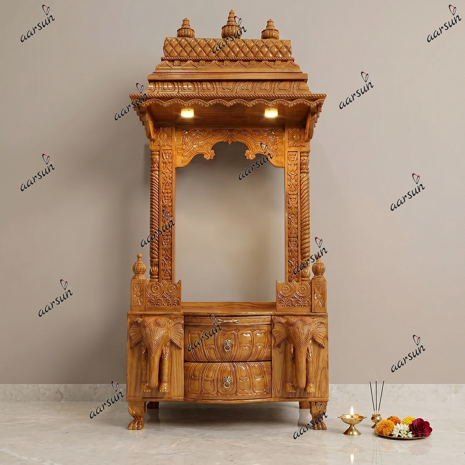 Open Sanctum With Led Shrine And Traditional Carvings