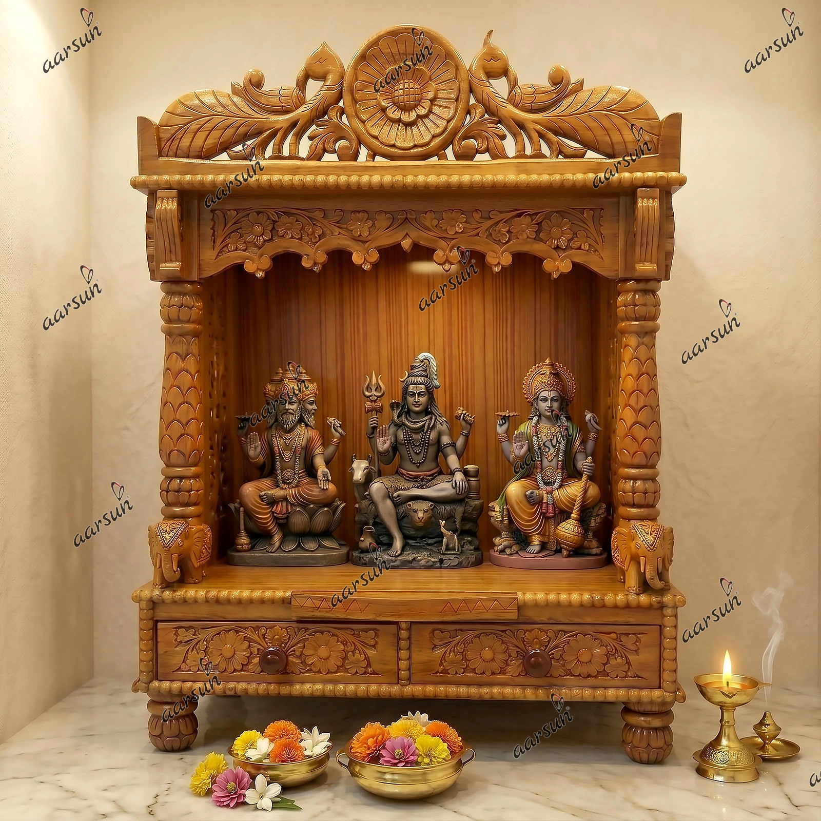 Wooden Pooja Temple with Bells