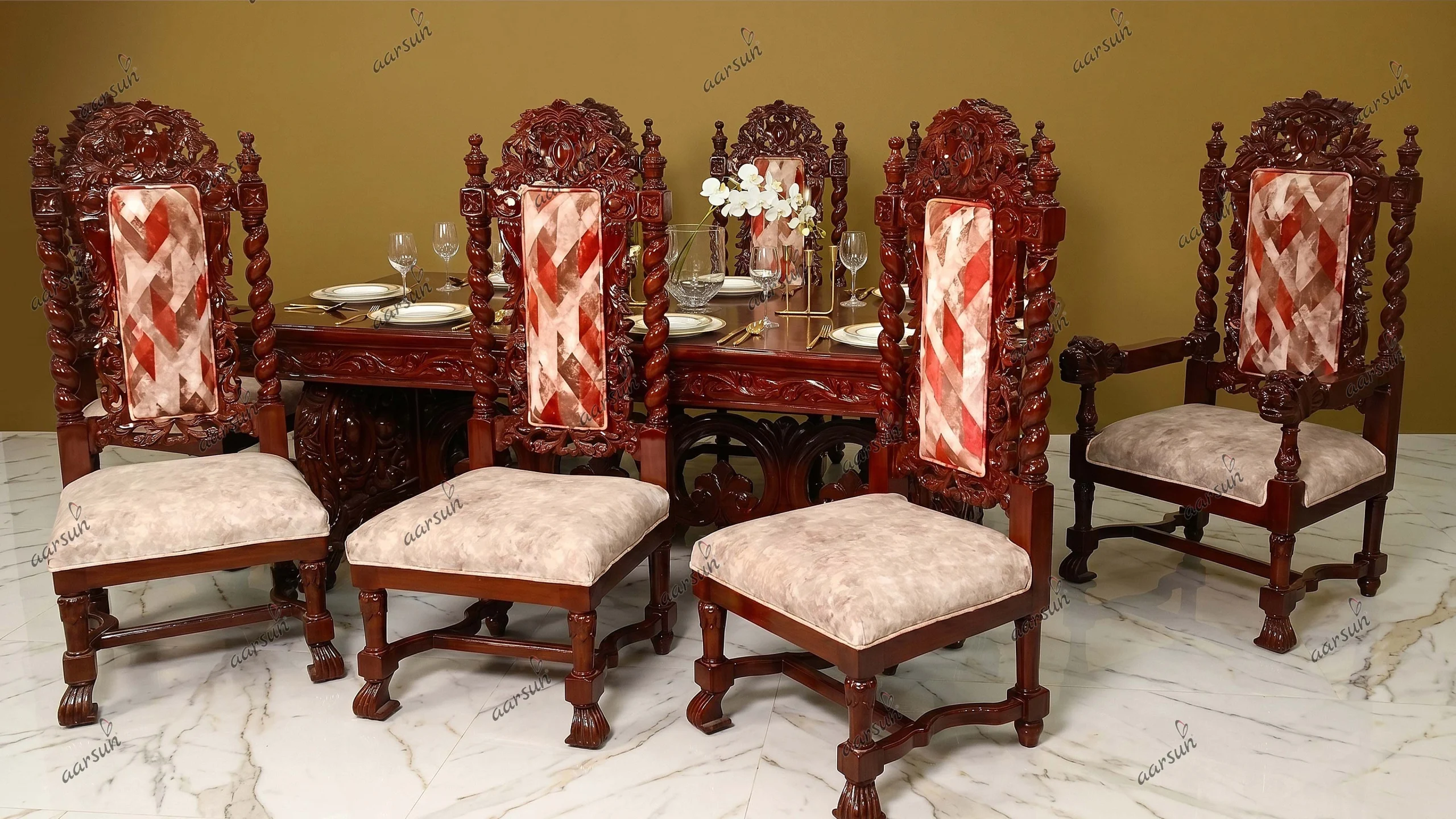 Royal theme Lion handle chair design dining set teak wood