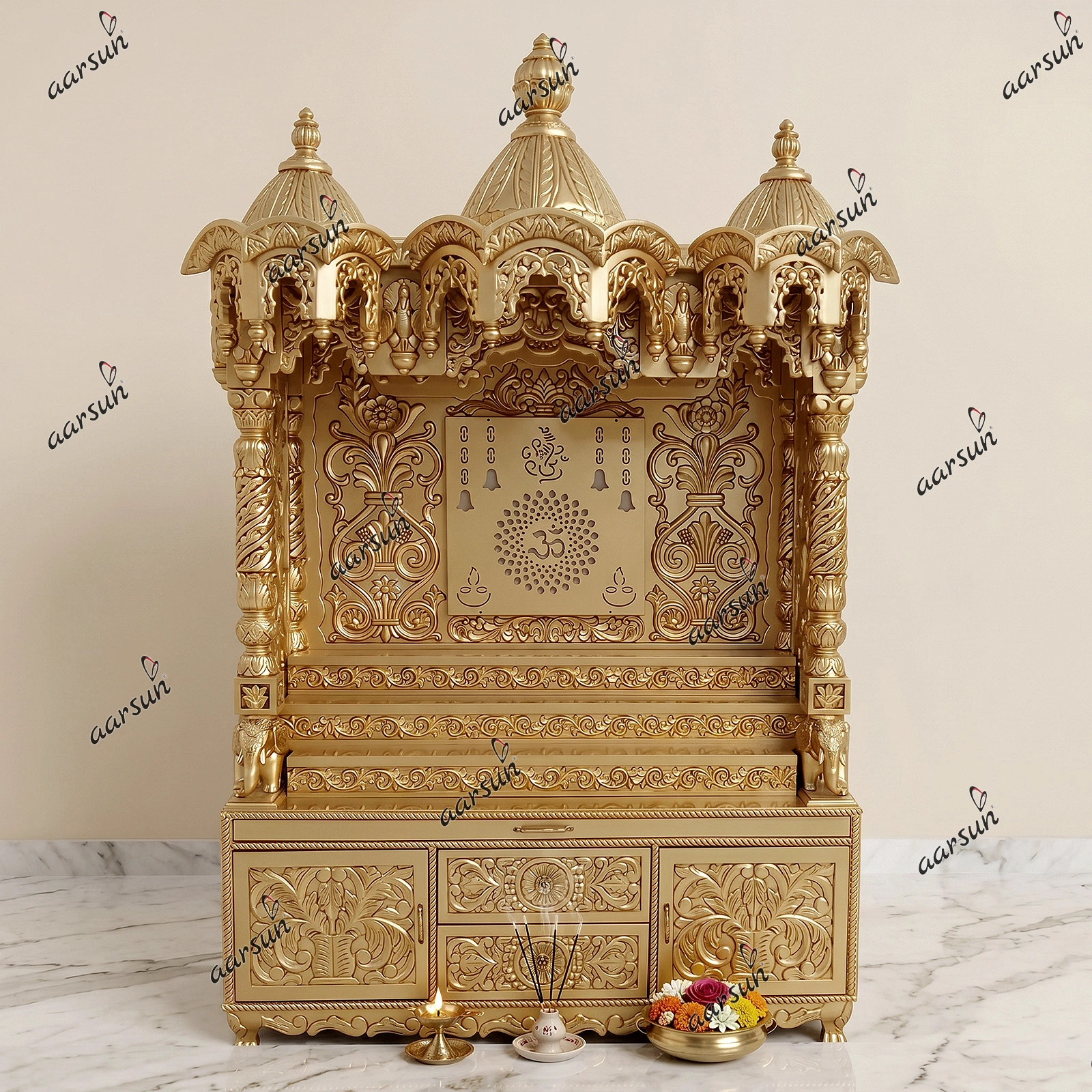 Wooden Hindu Om Design Mandir for Home with Om