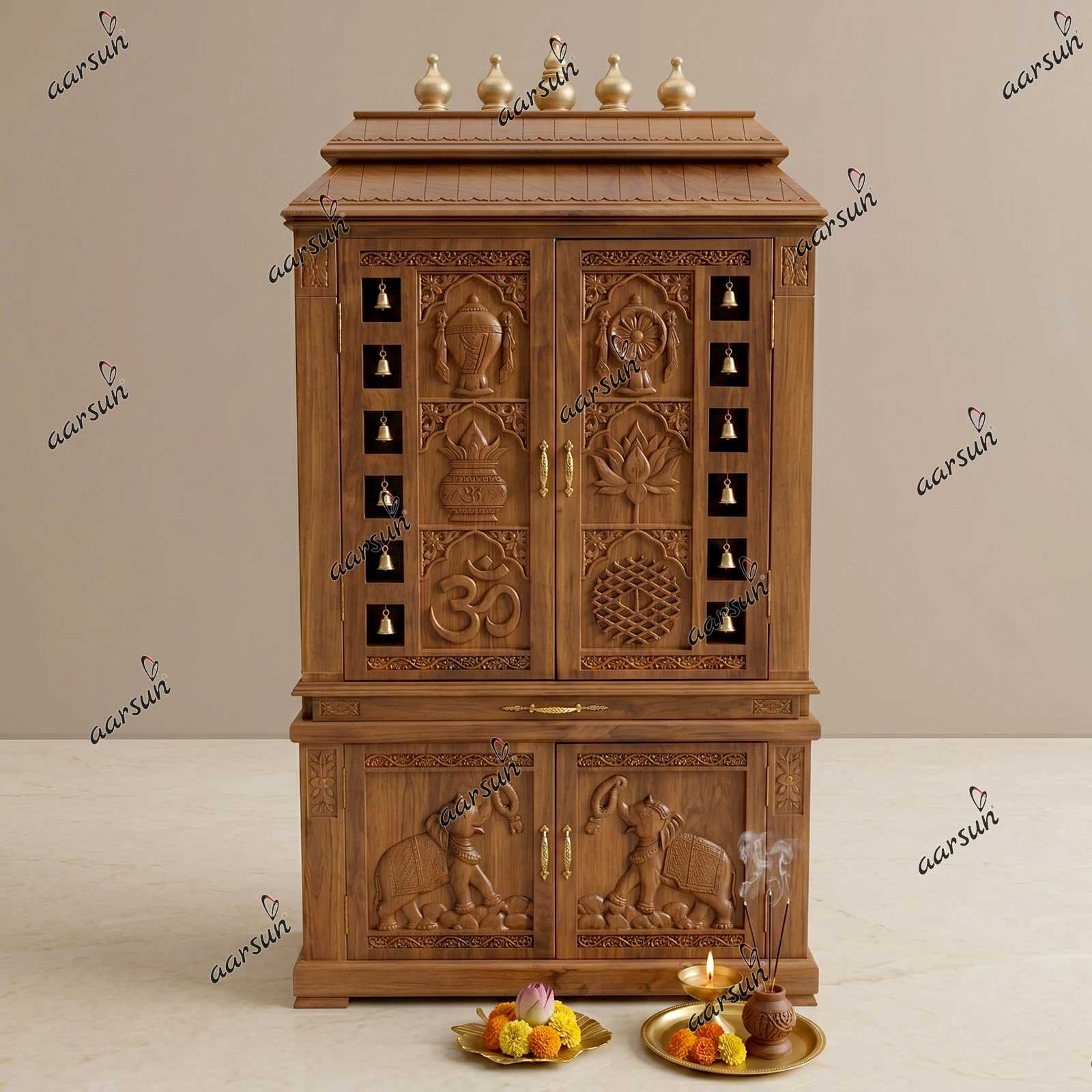 Wooden Puja Mandir for Home with Cabinets