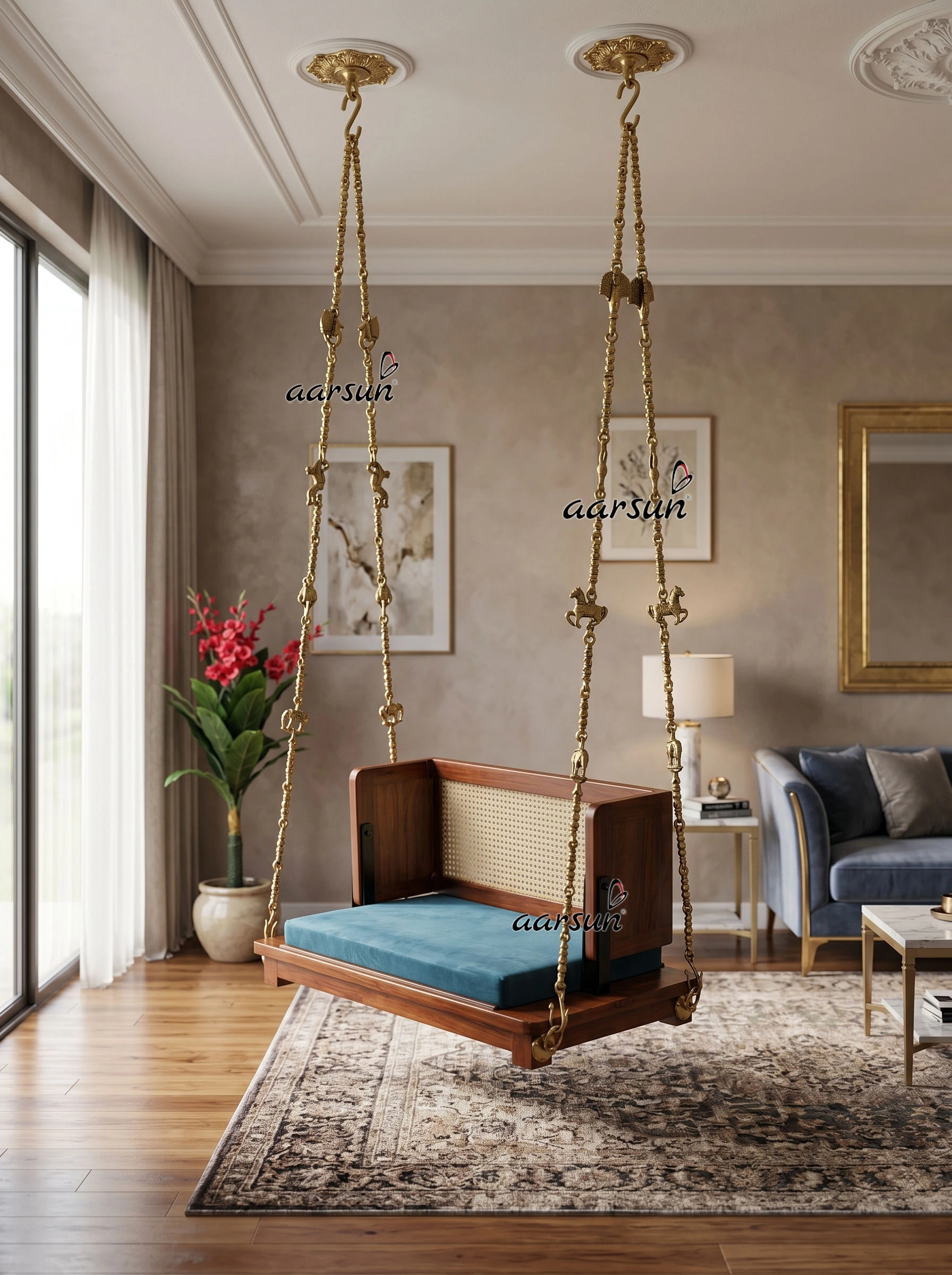 Modern Ceiling Swing with Reversible Cane Seat Design