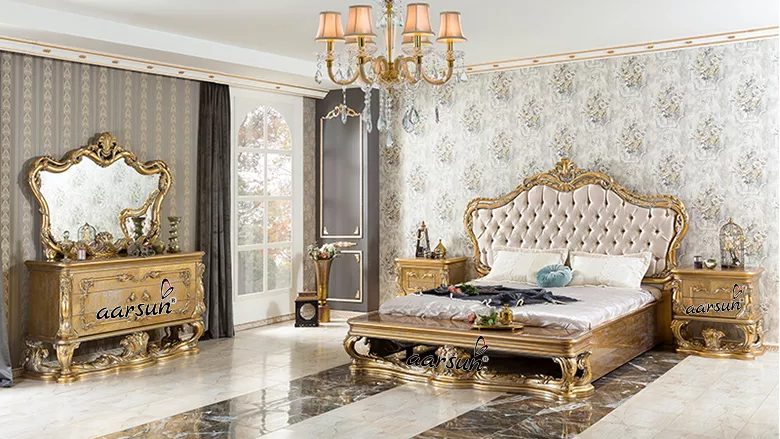 Luxury Royal Bedroom Set with Gold Leaf Finish