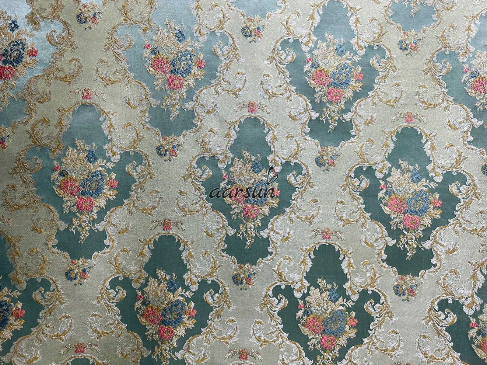 Opulent Aqua Rose Jacquard Sofa Fabric