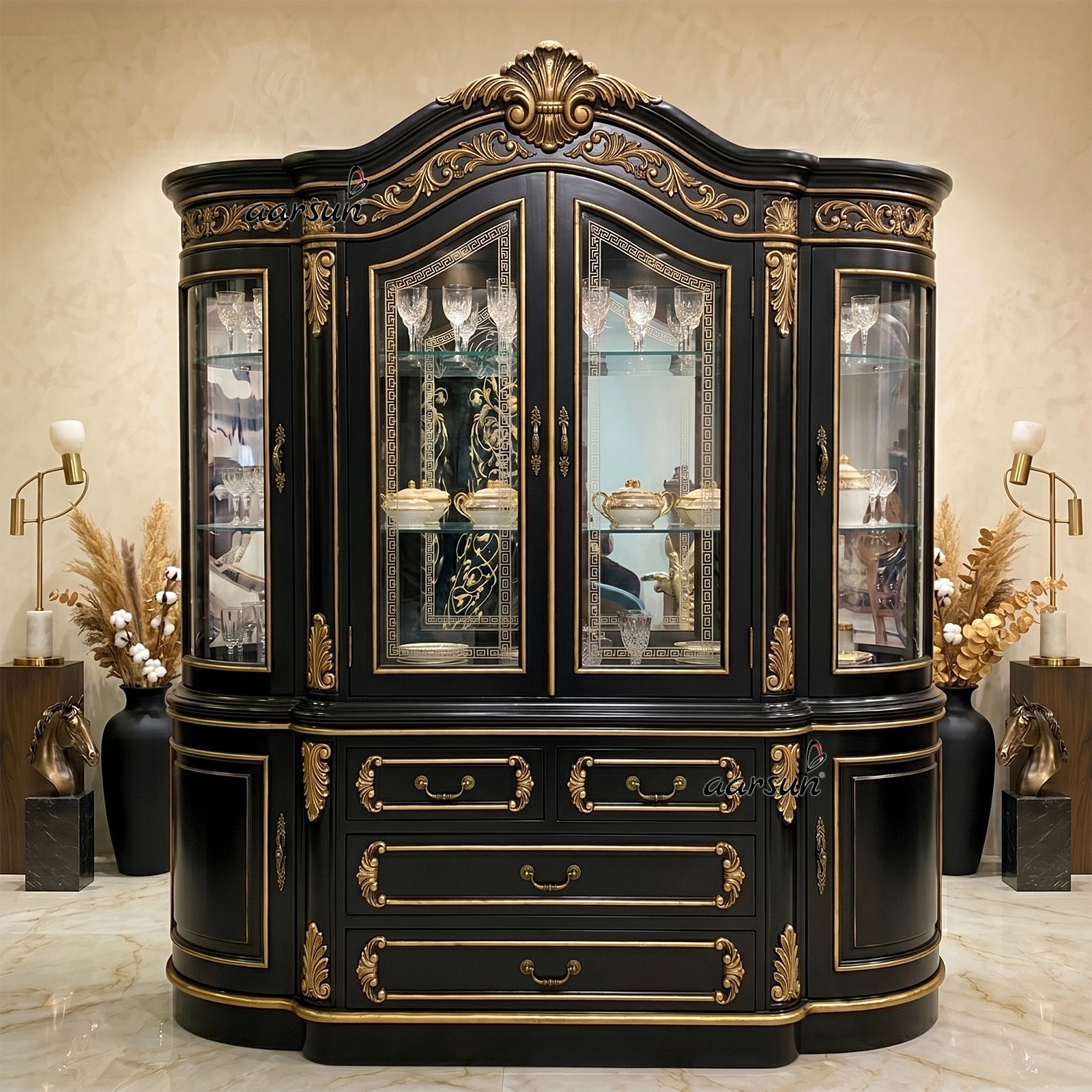 Classic Royal Dining Crockery Showcase in Premium Teak Wood